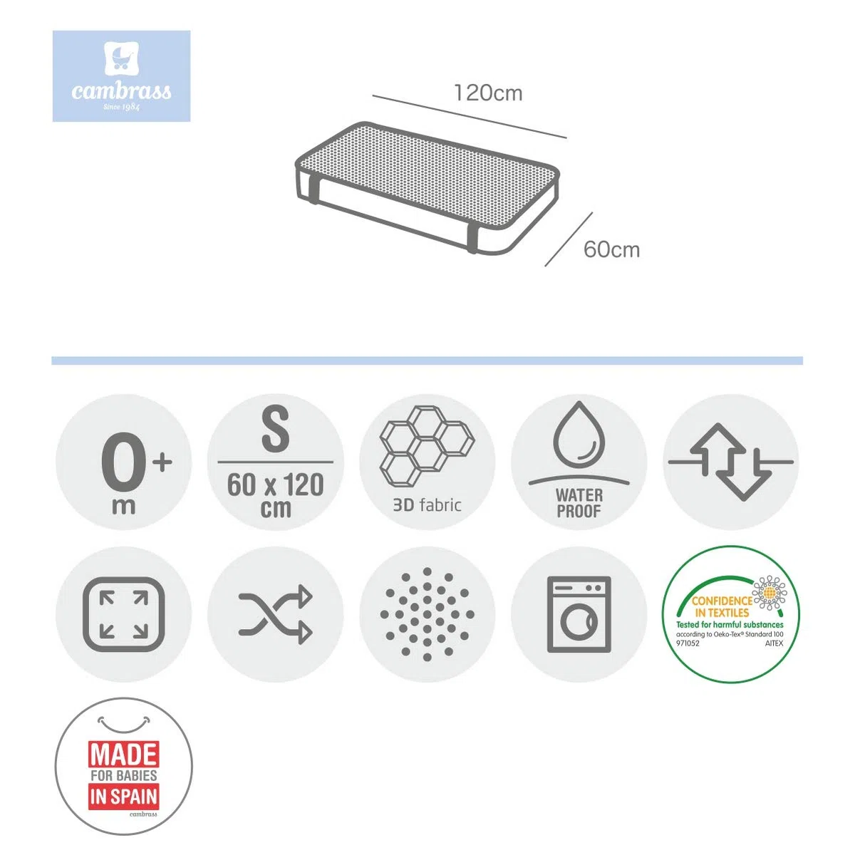 Cambrass – Cubre colchón impermeable y transpirable – protector de tejido 3D termorregulador, refresca, evita sudores y disipa la humedad – empapador colchón ajustable con gomas – protector 60x120x1cm