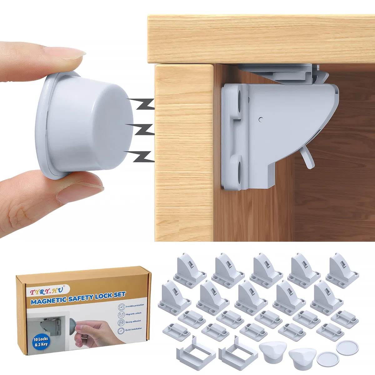 TYRY.HU Invisibles Cierre Seguridad Cajones Bebe Magnetico (10 cerraduras + 2 llaves), Cerraduras de Armarios Seguridad para Niños, Sin Perforación, Instalación Fácil