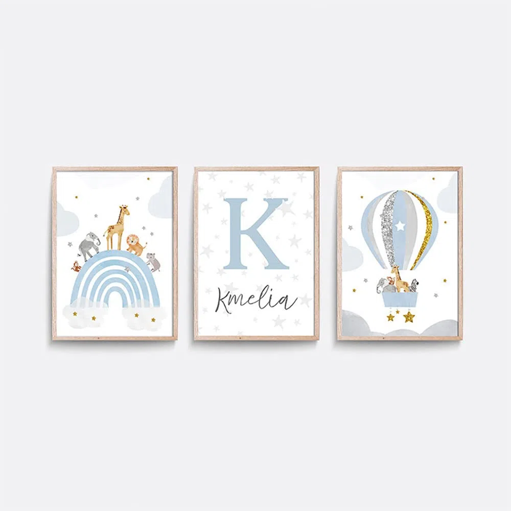 3 Poster Nordico Infantil Lamina Nombre Personalizado Bebe Cuadros Habitacion Arcoiris Globos Aerostáticos para Decoracion Dibujos Animales Azul Niños Impresión en Lienzo 30 x 40 cm sin Marco
