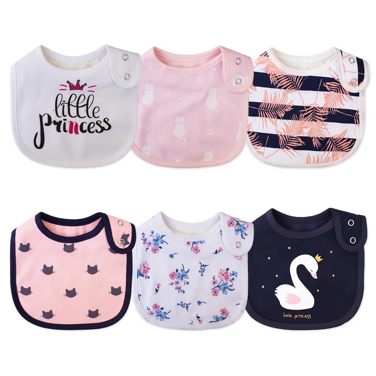 Paquete de 6 baberos impermeables de algodón con estampado de animales y flores para niñas y niños para babear con botones ajustables