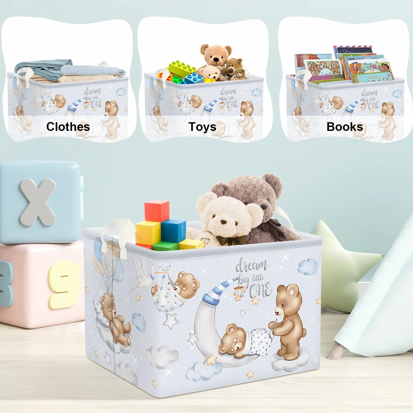 Clastyle Caja Almacenaje Cubo Oso Azul 36L Rectangular para Ropa Juguetes Habitación Infantil