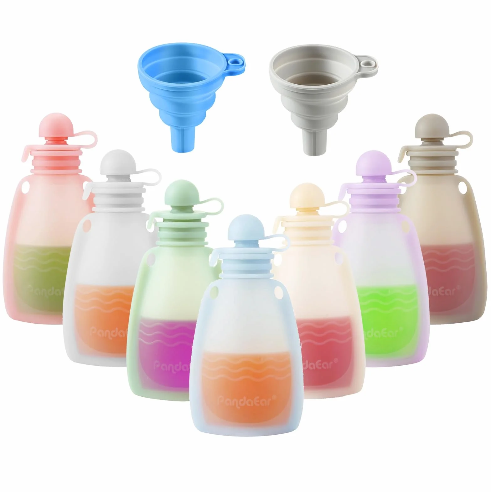 PandaEar Bolsas de Comida para Bebés de Silicona Reutilizables, Paquete de 7 Bolsas de Apriete para Niños Pequeños, Almacenamiento de Comida para Bebés Recargable de Silicona sin BPA, 160 ml