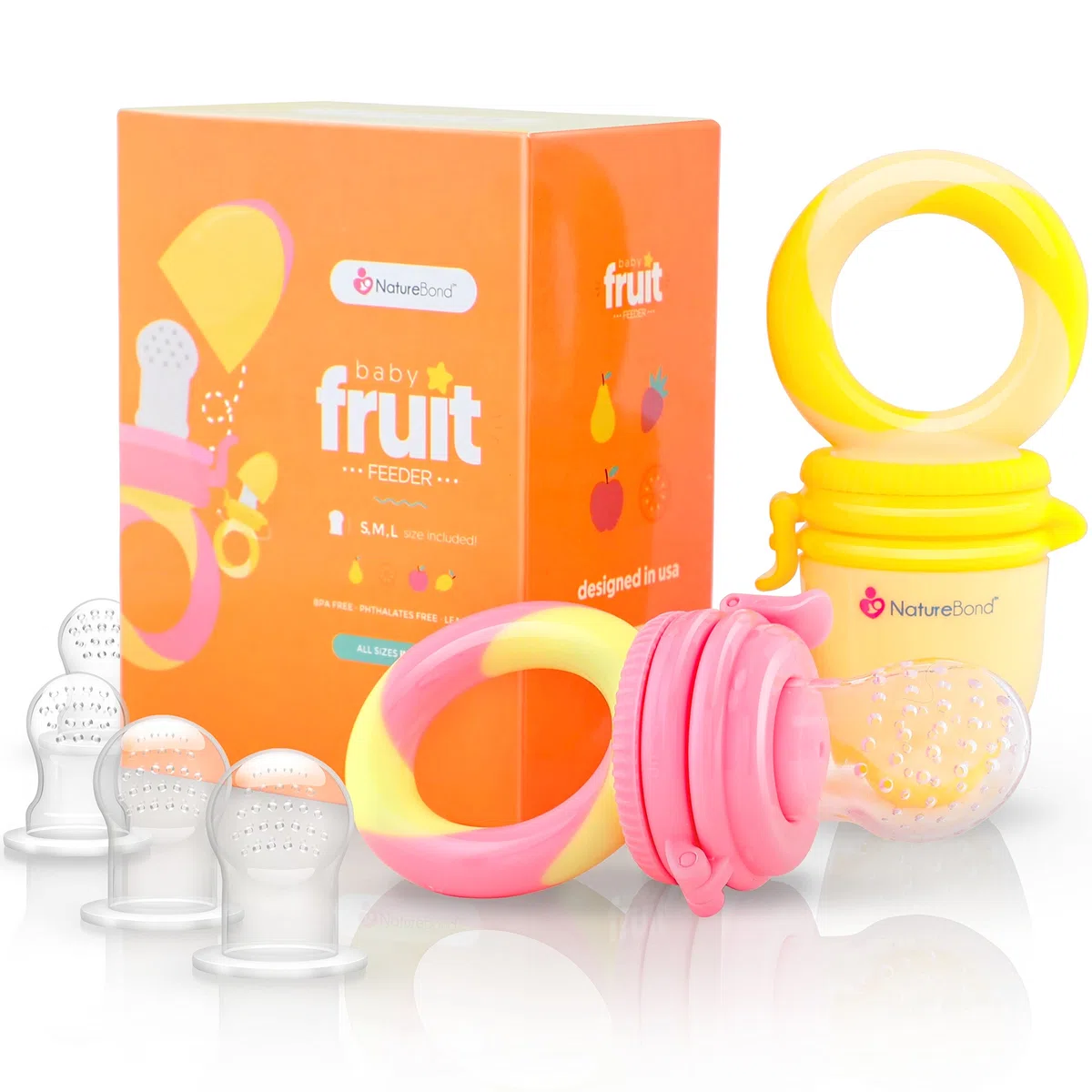 Chupete fruta bebe de NatureBond (2 piezas), mordedores bebes | Además incluye bolsitas de silicona de todos los tamaños (Rosa y amarilla)