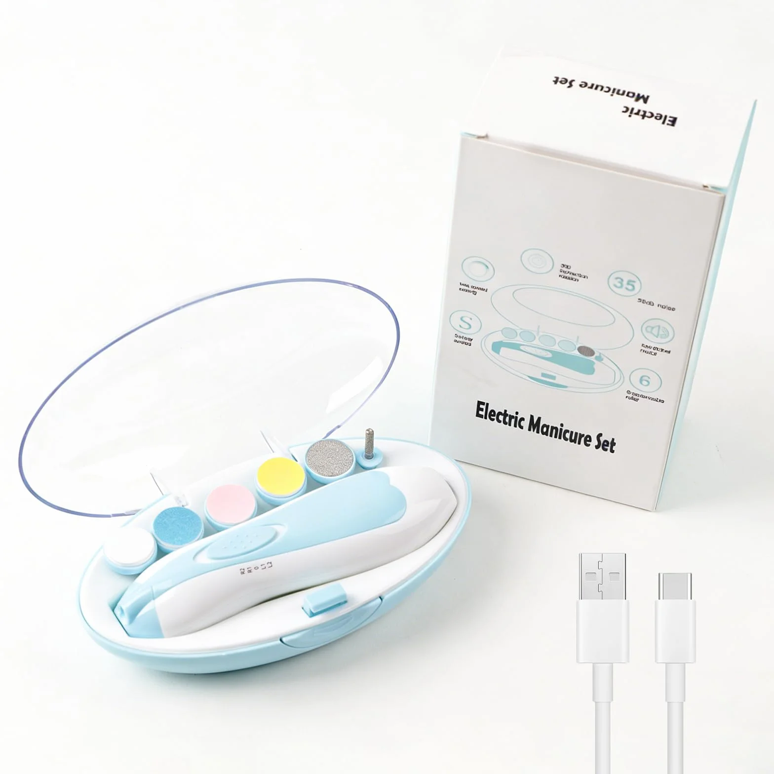 Lima de Uñas Eléctrica para Bebé, con Luz LED, 6 Almohadillas de Repuesto Extra, Kit de Manicura Seguro para Recién Nacidos y Niños, Cortauñas Eléctrico para Bebés (Azul Bebé)
