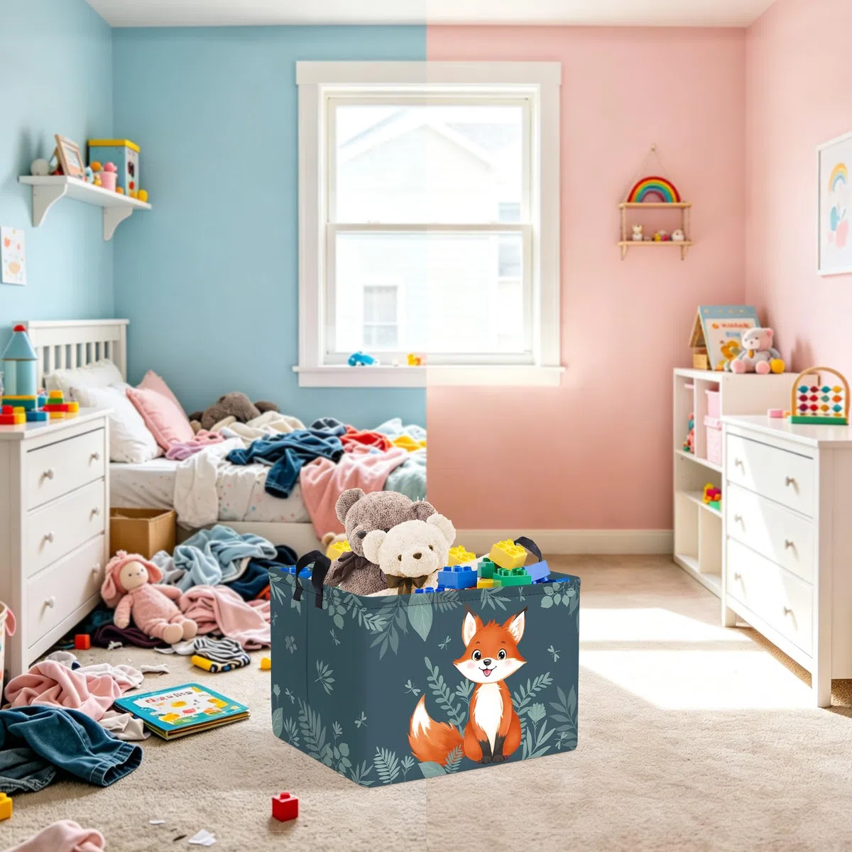 Clastyle Cestos Almacenaje Infantil Bosque Animal Cesta Ropa Sucia Plegable para Habitación Bebé Dormitorio Cajas de Almacenaje Juguetes para Chico Chica, Zorro Lindo, 40x30x30 cm
