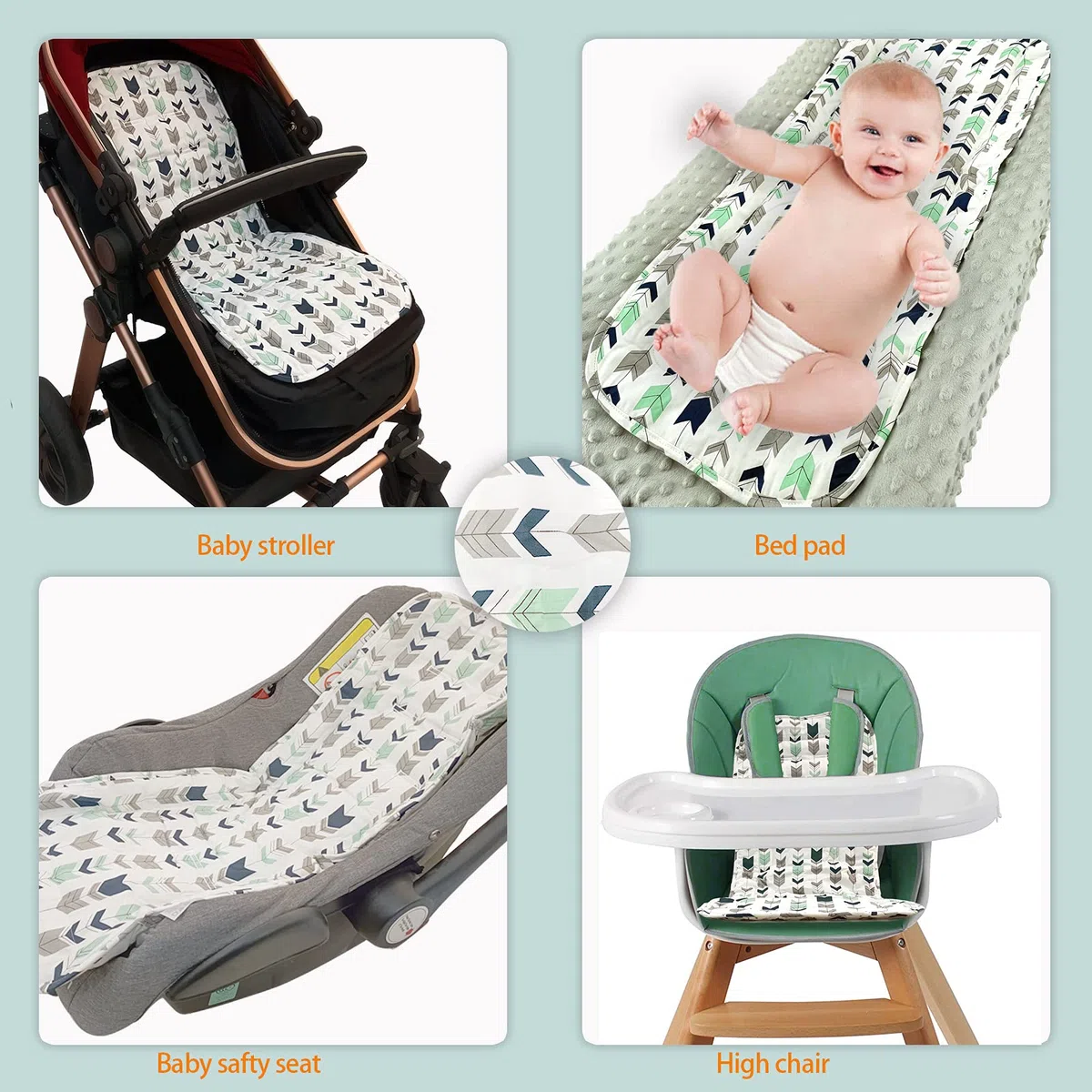 Miracle Baby Cojín Carro Bebe,Colchoneta Silla Paseo Universal Transpirable,Cojín Silla de Paseo para el Cochecito y Asiento de Carro, 100% Algodón (Flecha)