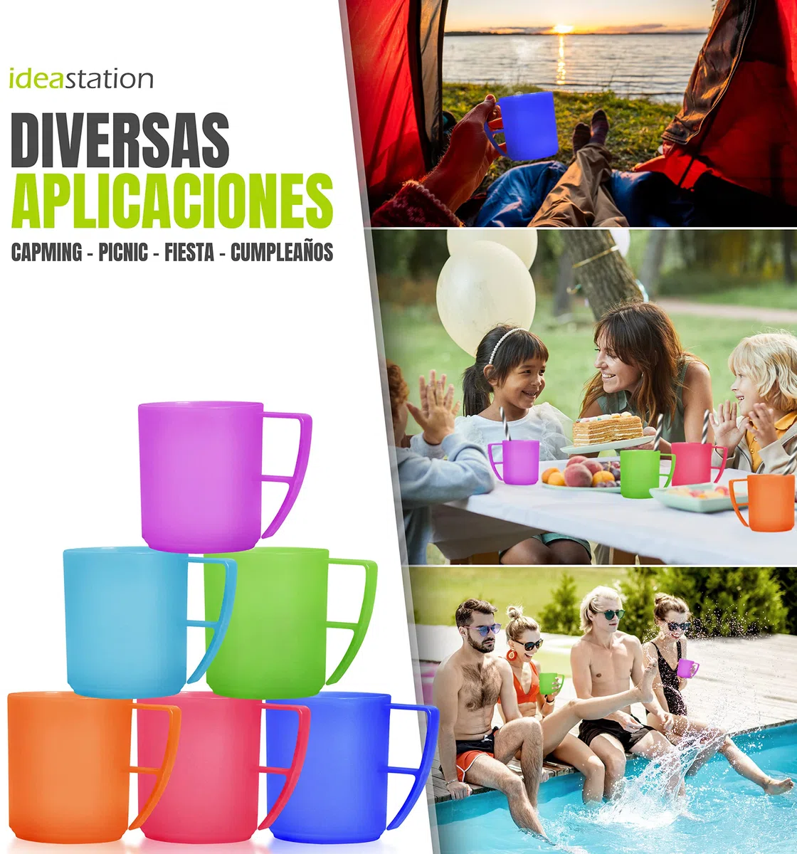 NEO Juego de 6 tazas de plástico para camping, 6x 350 ml - COLORES - taza de café o té irrompibles - tazas de plástico con asas ideales para llevar, vajilla camping