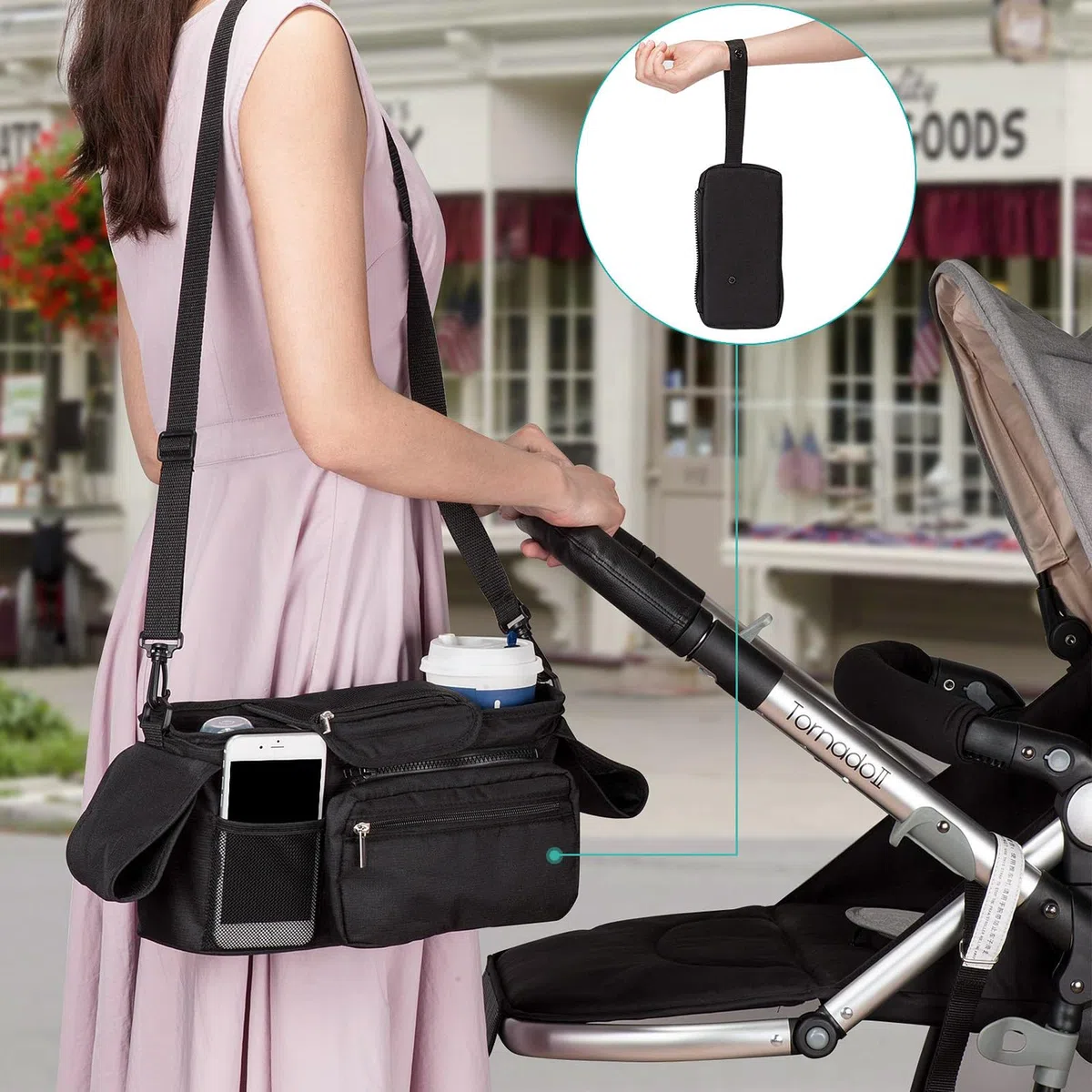 Universal Organizador para Cochecito, Bolsas para Cochecito Accesorios para Bebés con Bolsillo, Cremallera, Correa para el Hombro y Espacio de Almacenamiento para Pañales y Teléfonos, Negro