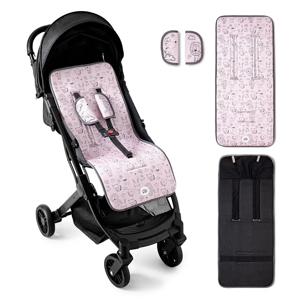 Interbaby Colchoneta Silla Paseo Universal para Verano | Transpirable y Cómoda | Funda Carro Bebe 100% Algodón, 84x34cm, Protectores para Arnés | Funda Silla Paseo Cat Rosa