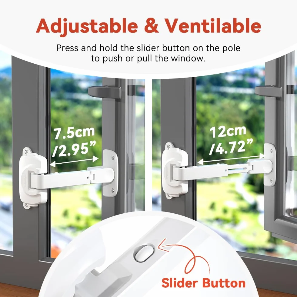 EUDEMON Cerradura de seguridad para ventanas para bebés, limitador de ventanas a prueba de niños, pestillo de cerradura ajustable para marcos de ventanas de aluminio y madera (Blanco, 2 Piezas)
