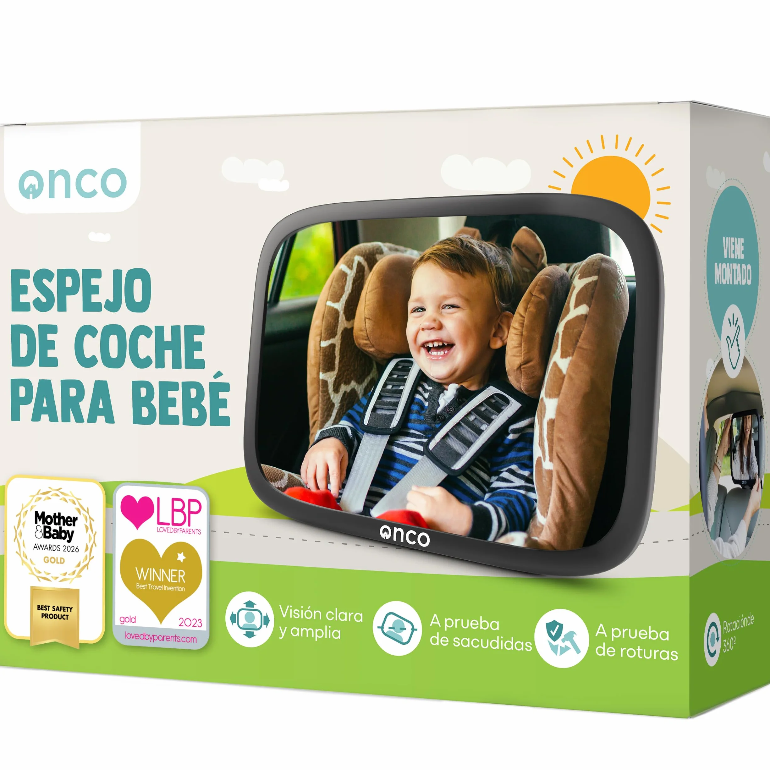 Onco Espejo Coche Bebé Asiento Trasero - Espejo de Seguridad para Padres Primerizos - Premio LovedByParents