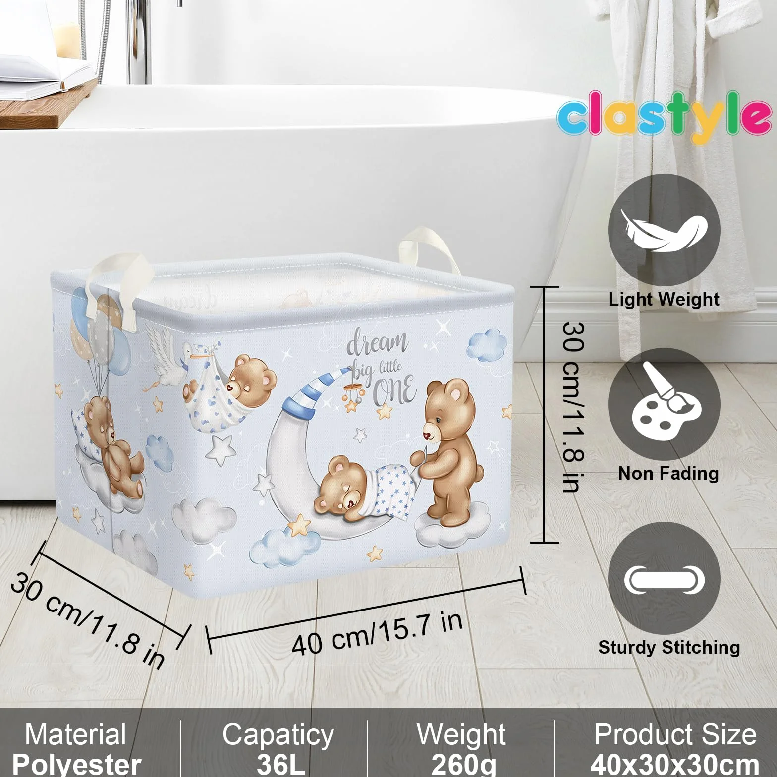 Clastyle Caja Almacenaje Cubo Oso Azul 36L Rectangular para Ropa Juguetes Habitación Infantil