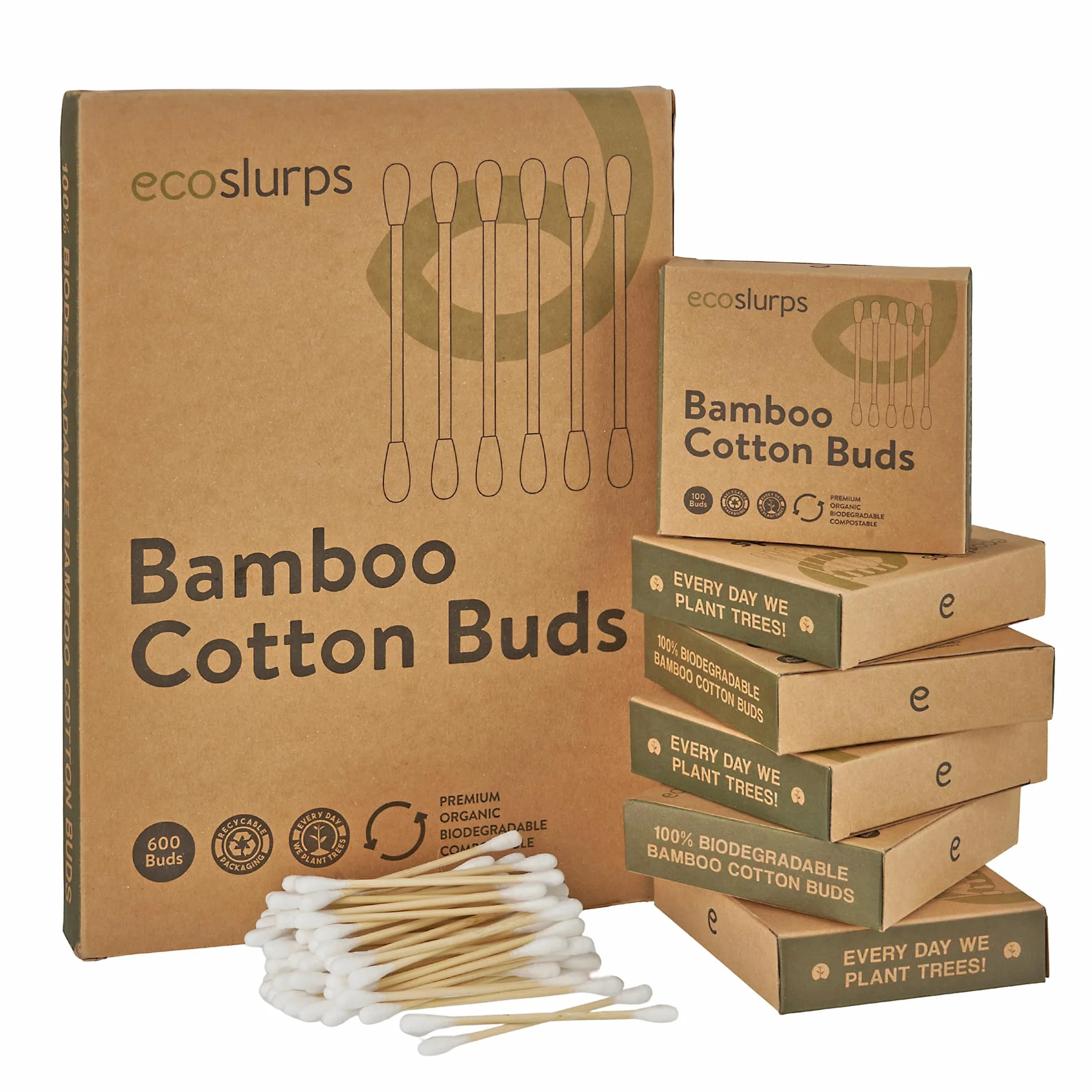 600 Brotes de algodón de bambú de EcoSlurps | Un árbol plantado con cada venta | Cotton buds, swabs & qtips (600, Blanco)
