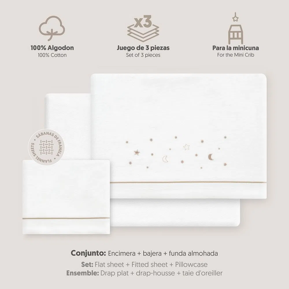 Interbaby - Juego Sabanas Minicuna 50x80 Algodón 100% | Sabana Cuna Bebe Franela, Cálida | Incluye Sabana Bajera, Encimera y Funda de Almohada | Ideal Invierno | Estrellas Luna Blanco/Beige