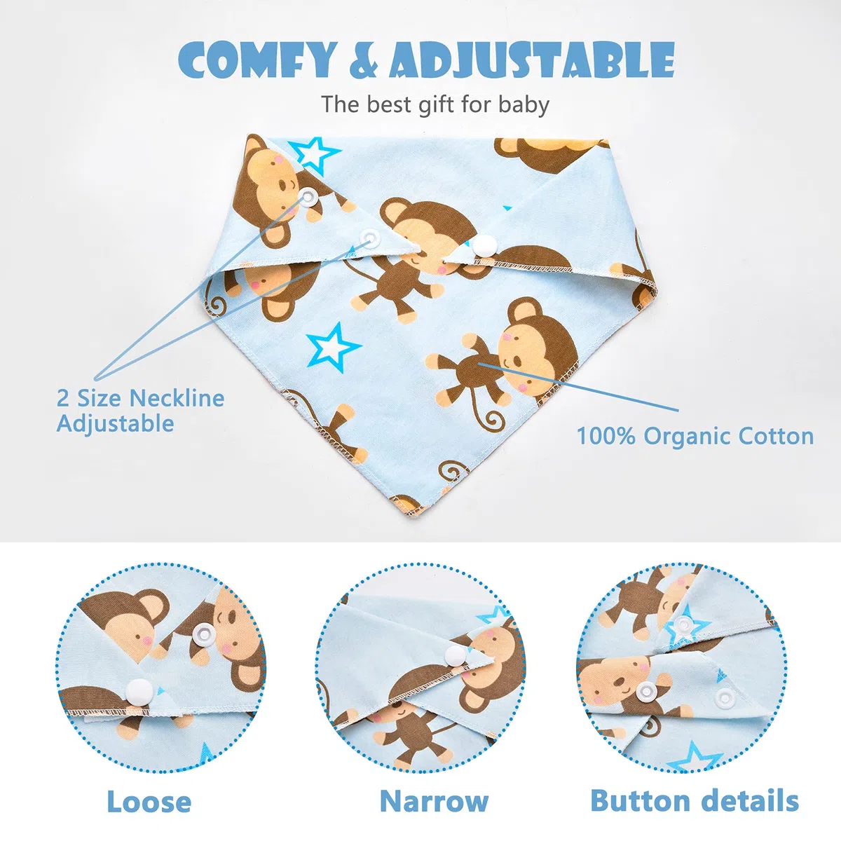 Baberos Bandanas para Bebé, 10 Unidades, 100% Algodón, Suave y Absorbente, 2 Botones Ajustables, para Niños y Niñas