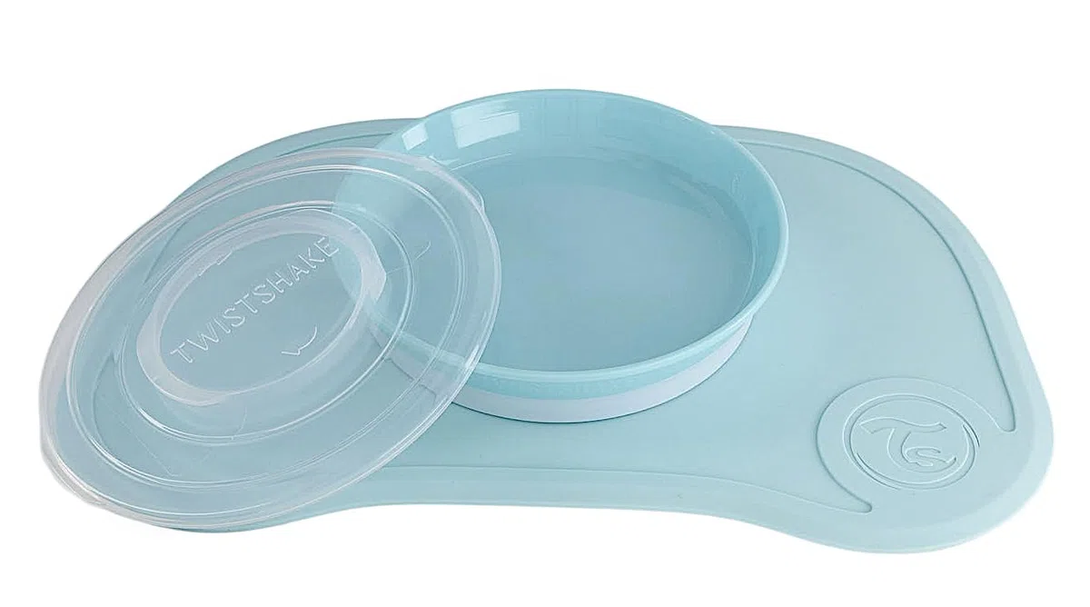 Twistshake Click-Mat 38 x 25 cm Mantel Individual Placa de Alimentación para Mesa + Plato Sellado con Tapa Alimentación para Bebés, Vajilla, Sin BPA, 6+ Meses, Azul Pastel