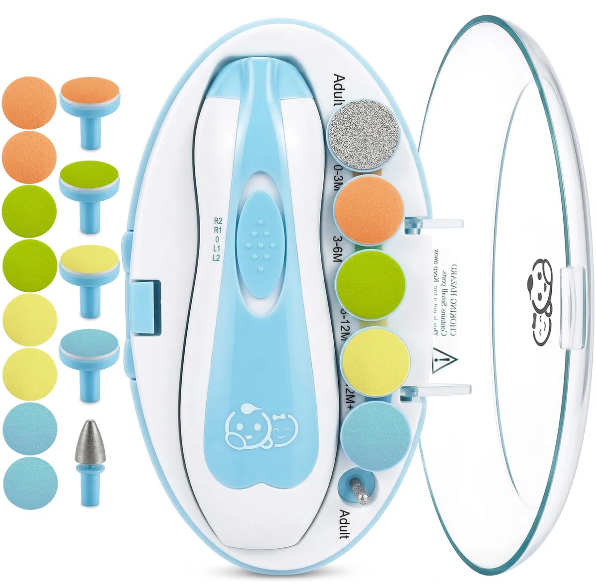 Royal Angels Lima de Uñas Eléctrica para Bebé 21 en 1 con Estuche Rotulado, 13 Almohadillas de Repuesto Extra, Kit de Manicura Seguro para Recién Nacidos y Niños, Cortador Silencioso con Luz LED(azul)
