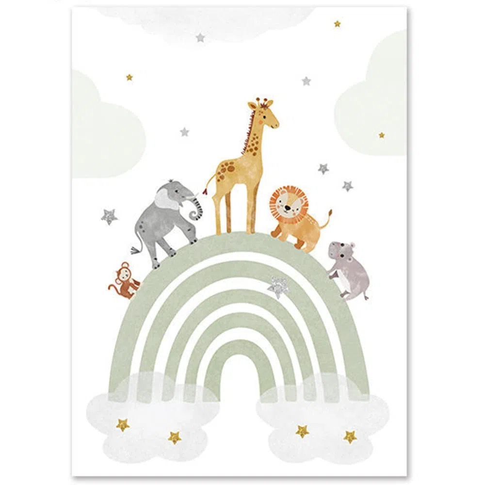 3 Laminas Animales Infantil Arco Iris Globo Aerostático Poster Nombre Bebe Boho Verde 30 x 40 León Jirafa Elefante Cuadro Personalizado Niño Niña Decoración Pared Regalo sin Marco (YHH018-30x40cm)