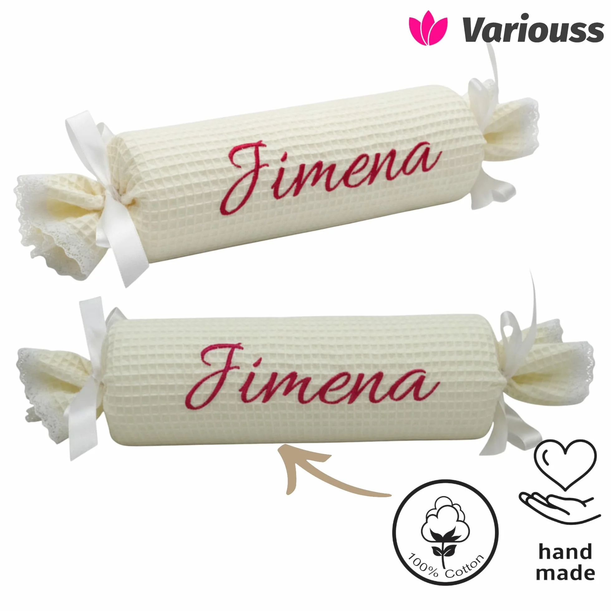 Cojín Caramelo para Bebé Personalizado, Tejido Piqué Waffle Suave, Decorativo Infantil, Regalo Recién Nacido (Beige)