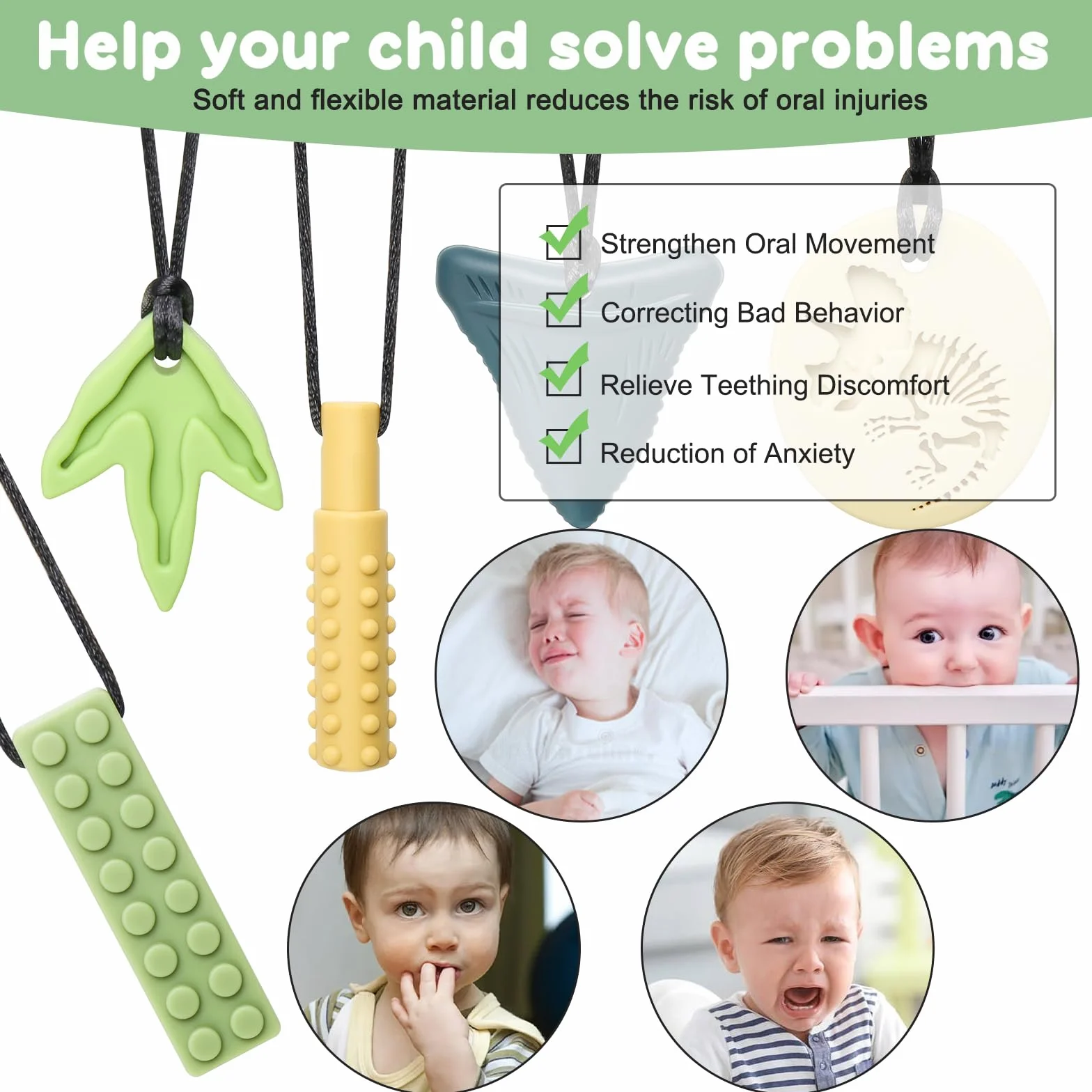 CLDY 5 Piezas mordedores niños autistas, El colgante de silicona para masticar no contiene BPA, Los collares mordedores son adecuados para niños con TDAH, dentición, autismo y necesidades oclusales
