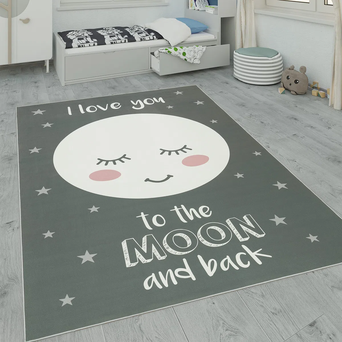 Paco Home Alfombra Infantil, Alfombra Habitación Infantil con Motivos De Estrellas, Luna Y Cuadros, tamaño:80x150 cm, Color:Gris 2