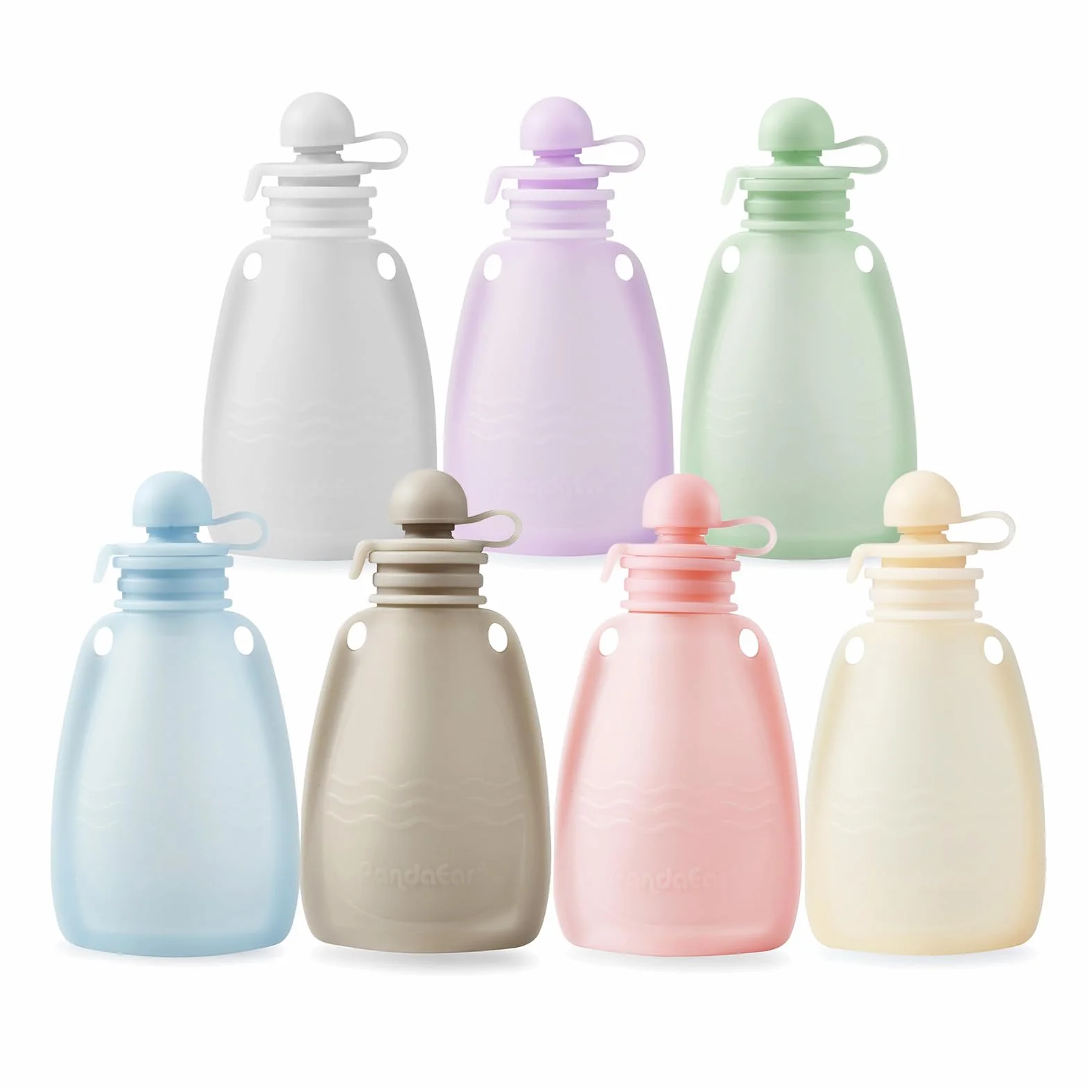 PandaEar Bolsas de Comida para Bebés de Silicona Reutilizables, Paquete de 7 Bolsas de Apriete para Niños Pequeños, Almacenamiento de Comida para Bebés Recargable de Silicona sin BPA, 160 ml