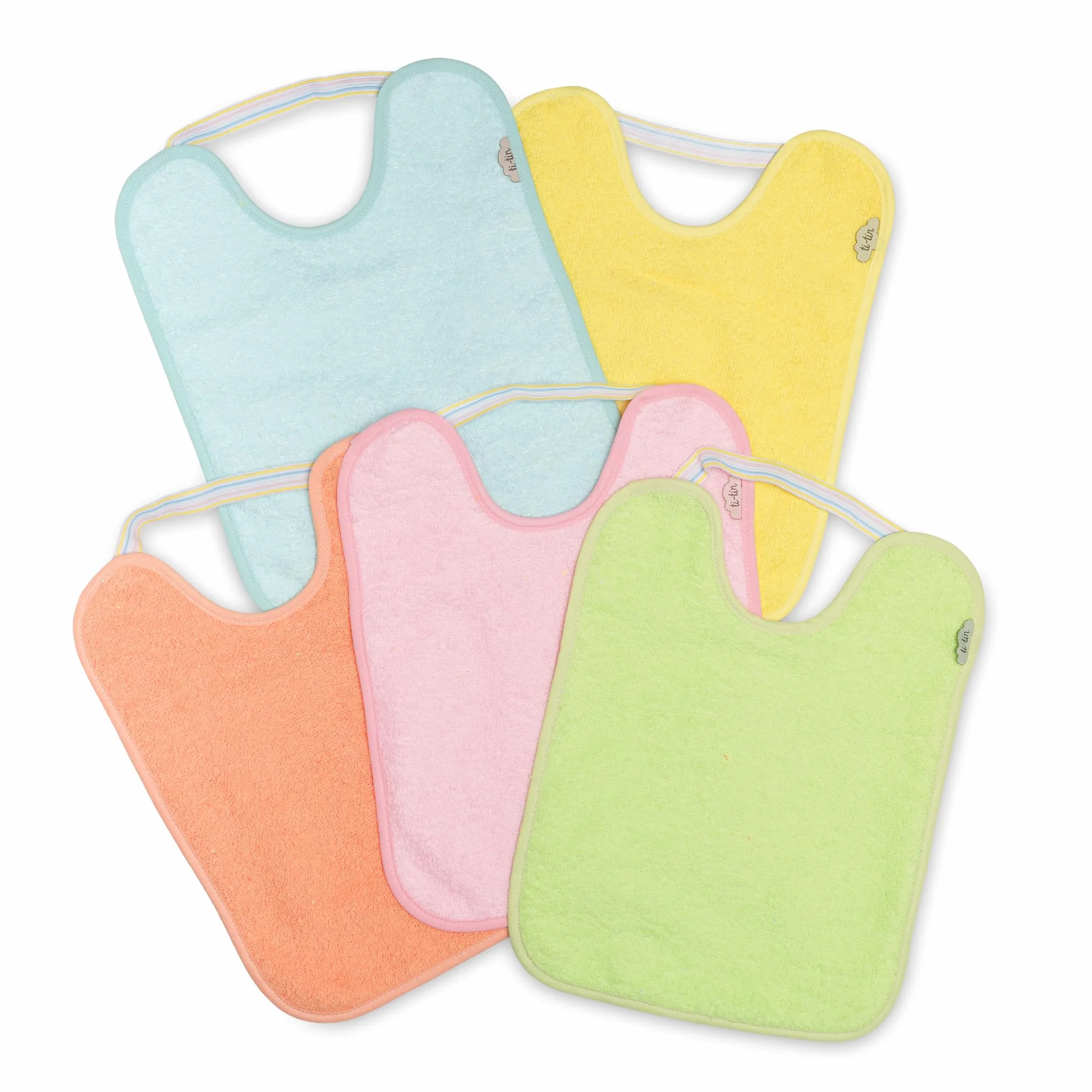 Ti TIN Pack 5 Baberos Bebé Impermeables y Absorbentes - 6 a 12 Meses - Ideal Guardería con Goma Elástica y Rizo de Algodón Extra Suave