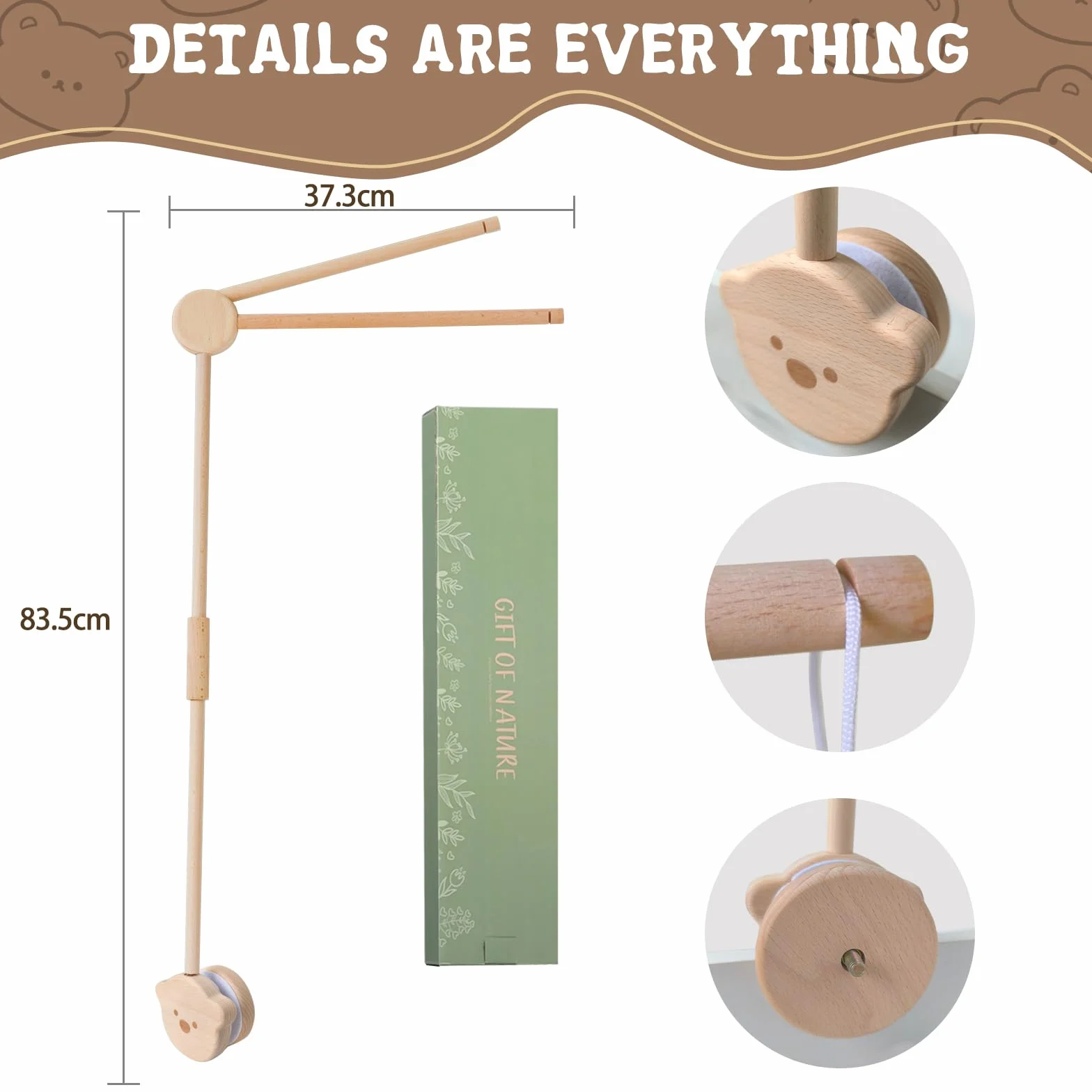 Soporte Móvil para Bebé, Soporte de Móvil para Cuna de Bebé, Soporte de Madera para Cuna, Brazo Móvil de Cuna, Bebé Móvil Titular de la Oso Diseño, para Colgar Campanas de Viento, Juguetes