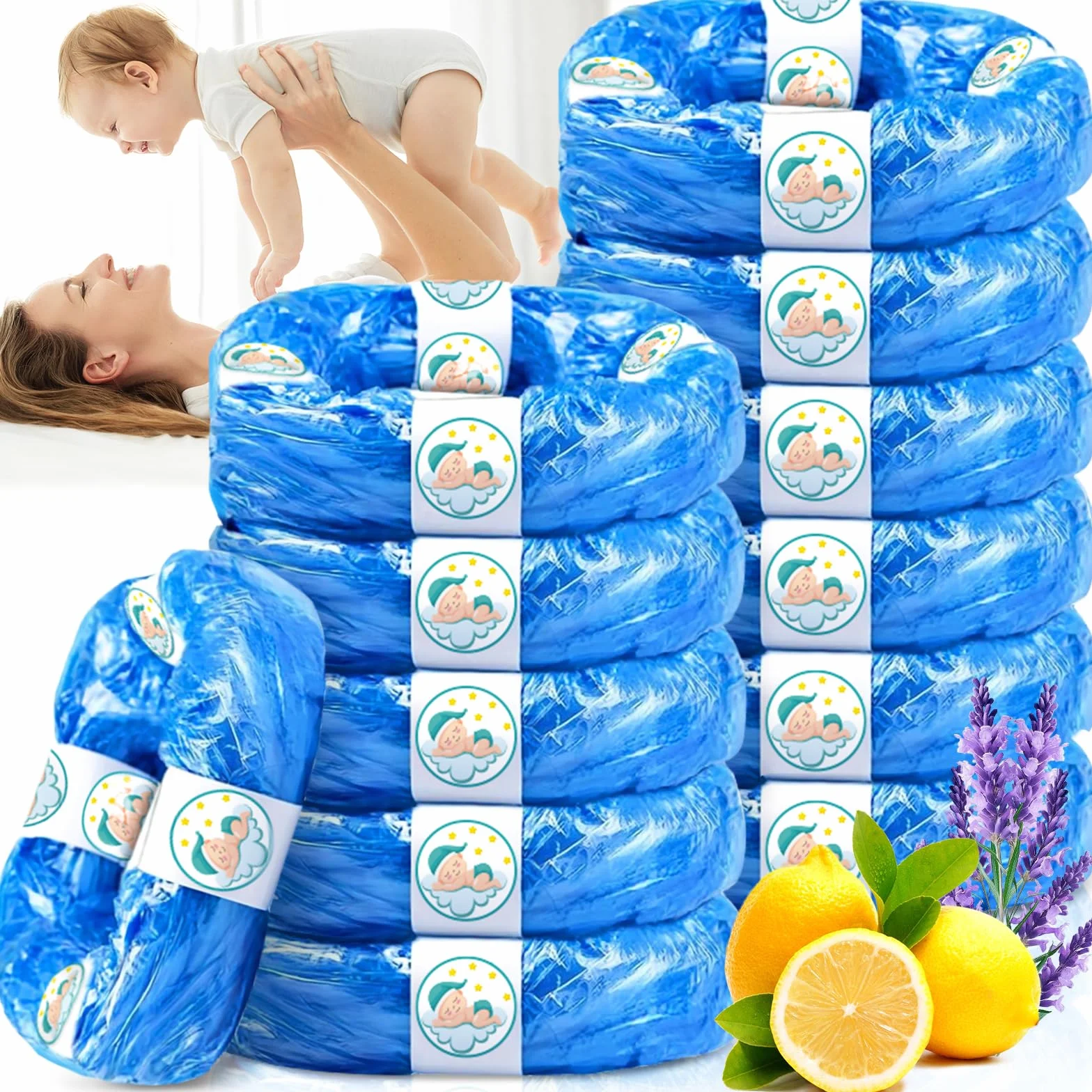 12 Piezas Recambios Cubos de Pañales 4,5 M, Antiolor Recambios de Papelera Pañales Bebe, Gran Capacidad Antiodor Bolsas Pañales Recambios, compatible con todos contenedores de pañales, Azul