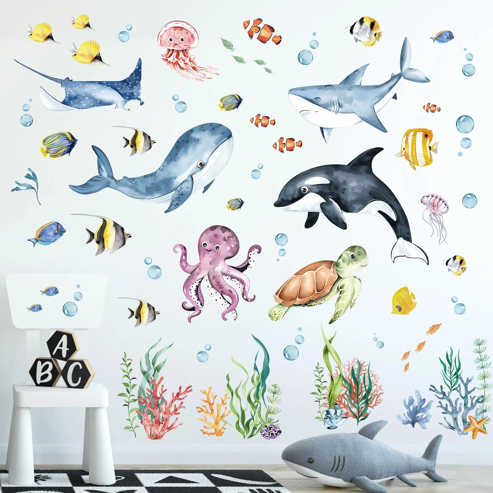 decalmile Pegatinas de Pared Bajo el Mar Tropical Peces Vinilos Decorativos Tortugas Delfín Ballena Algas Adhesivos Pared Habitación Infantiles Niños Bebés Guardería Baño