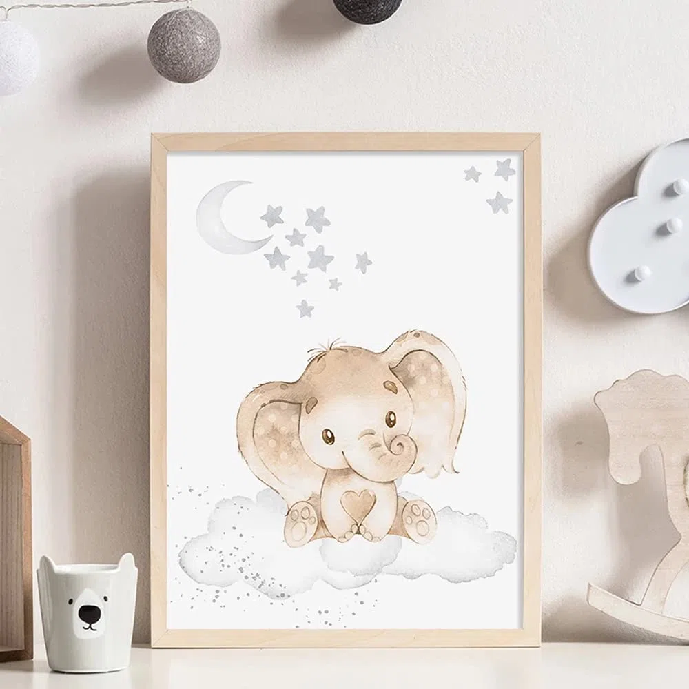 3 Laminas para Cuadros Infantiles Poster Animales Diseño de León Jirafa Elefante Nubes Estrellas Luna Pared Decoración Dormitorio Habitacion Bebé Niño Niña Regalo 30 x 40 cm sin Marco