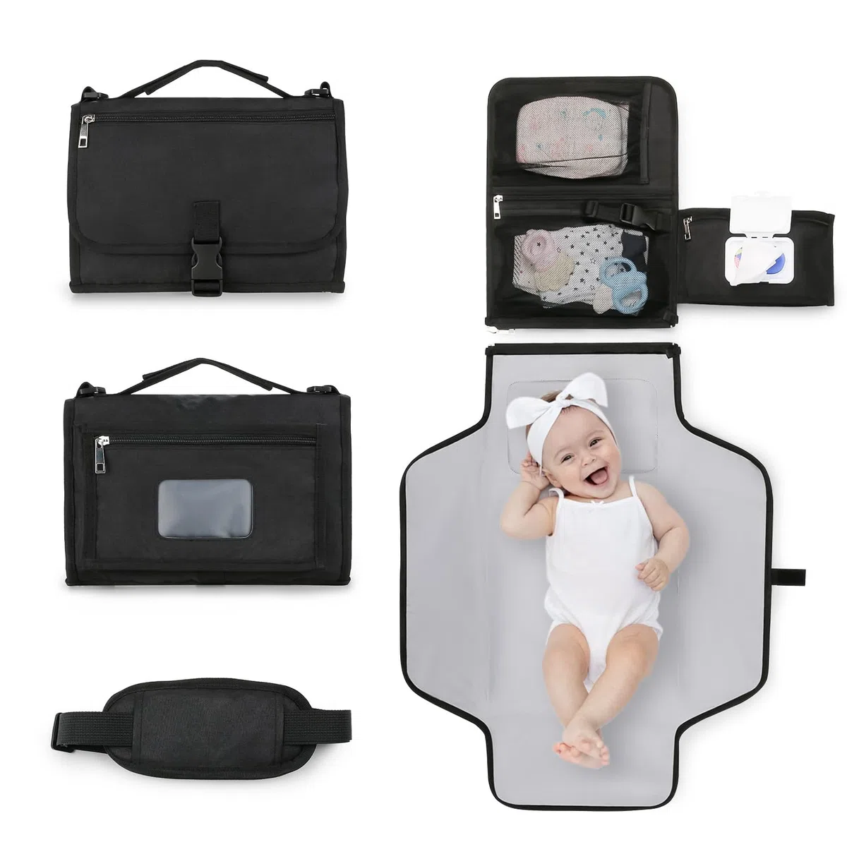 Bebamour Cambiador de pañales portátil con bolsillo para toallitas, cambiador de bebé de viaje con cojín para la cabeza para bebés, almohadillas impermeables para cambiar pañales esenciales para