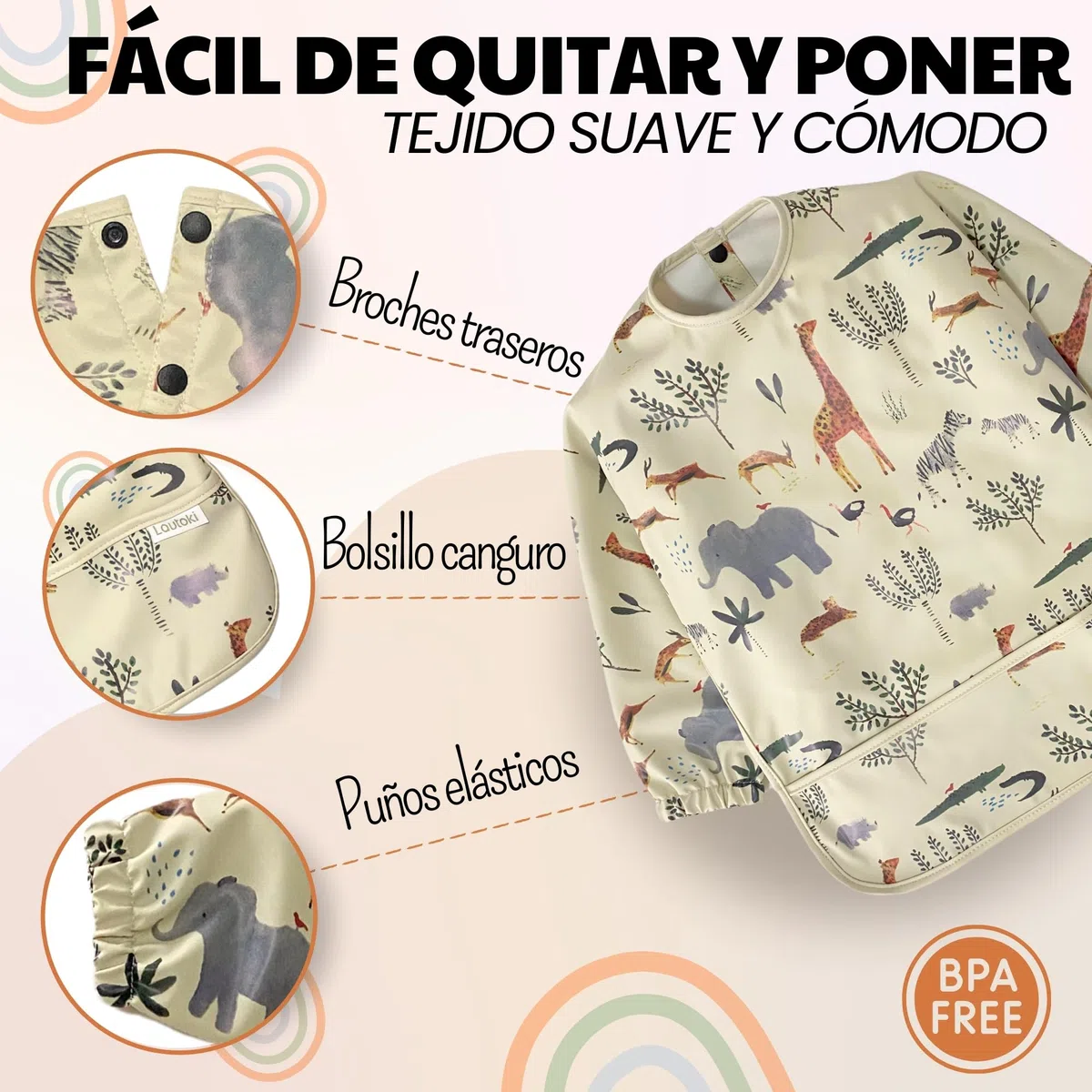 Baberos Bebé Impermeables con Mangas + Bolsita de Transporte | Babero BLW para Bebé 12–36 Meses | Doble Capa 100% Impermeable | Puños Elásticos y Bolsillo Canguro | Fácil de Limpiar