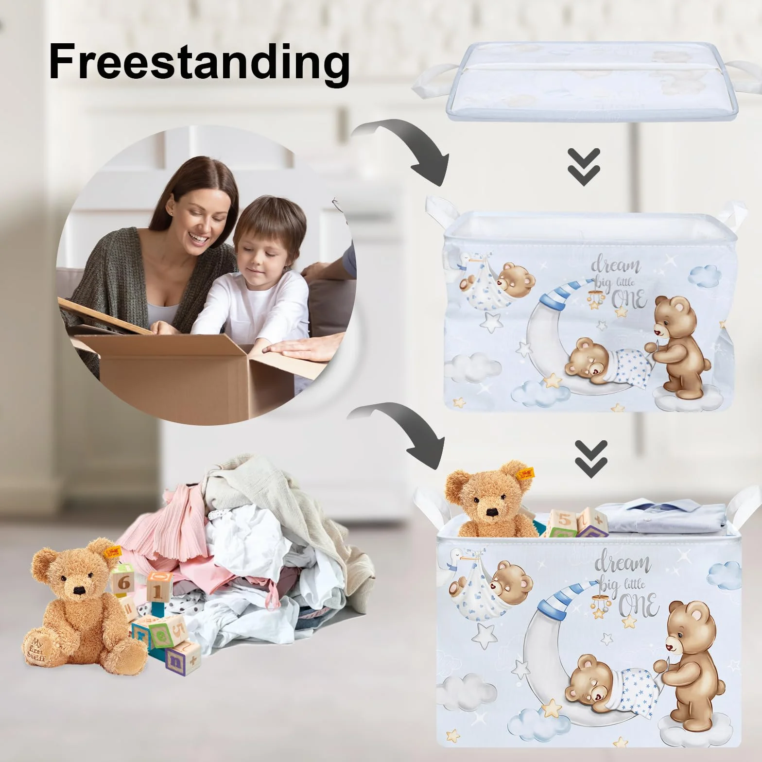 Clastyle Caja Almacenaje Cubo Oso Azul 36L Rectangular para Ropa Juguetes Habitación Infantil