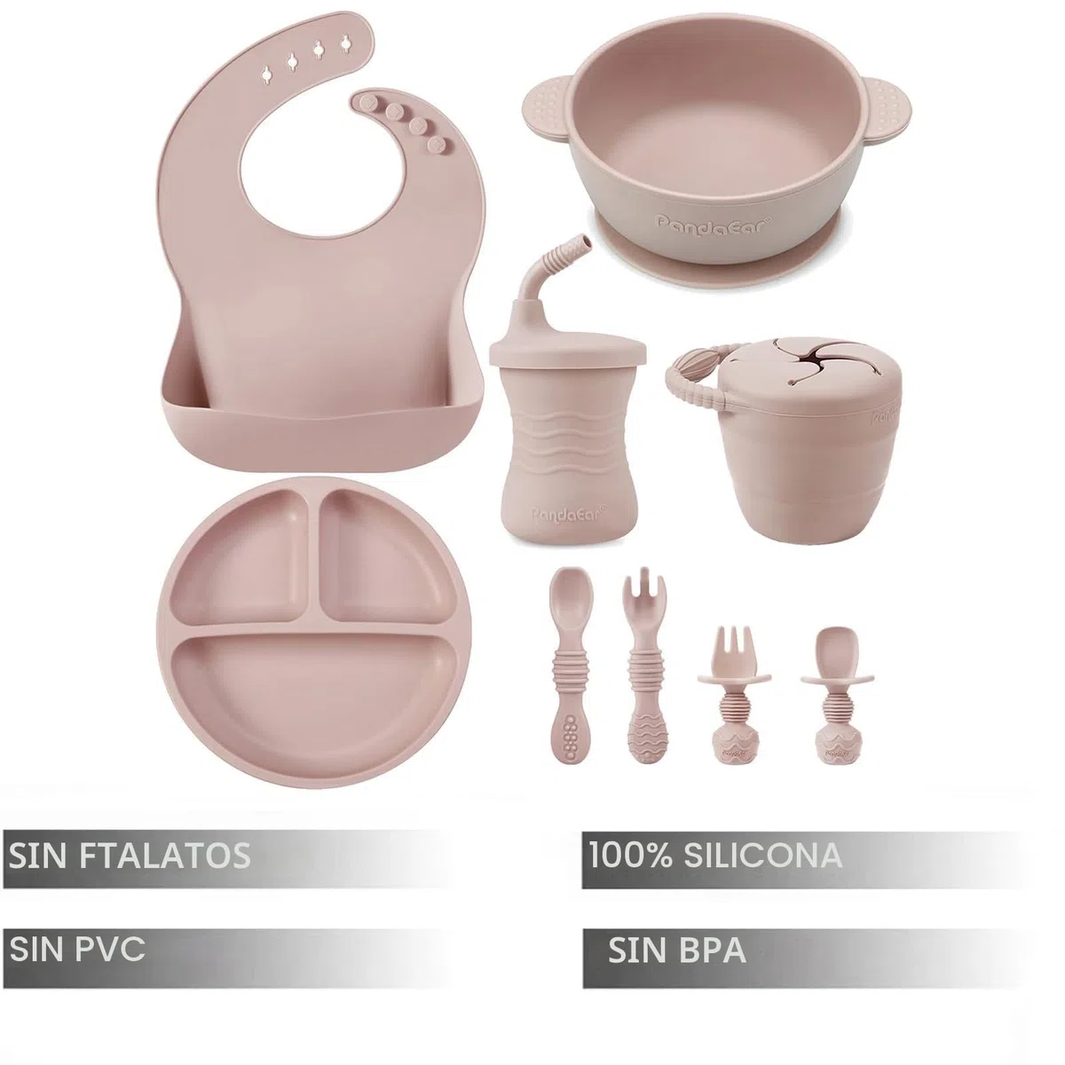 PandaEar Juego De Vajilla De Silicona Para Bebé, Set De 9 Piezas, Plato Con Ventosa, Cuenco, Baberos De Silicona, Vasos Para Aprender A Beber, Tenedores (Rosa)