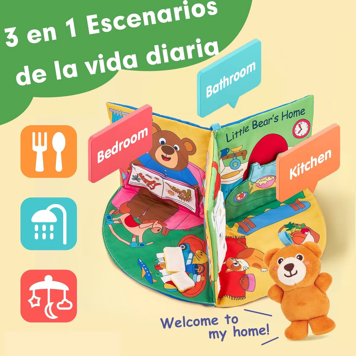 hahaland Libro Bebe Interactivo Juguetes Bebes 0 3 6 Meses, 3 en 1 Libro de Tela Blandos para Bebe Recien Nacido, Libro Sensorial Suave de Actividades - Tummy Time Regalos Bebes 1 Años