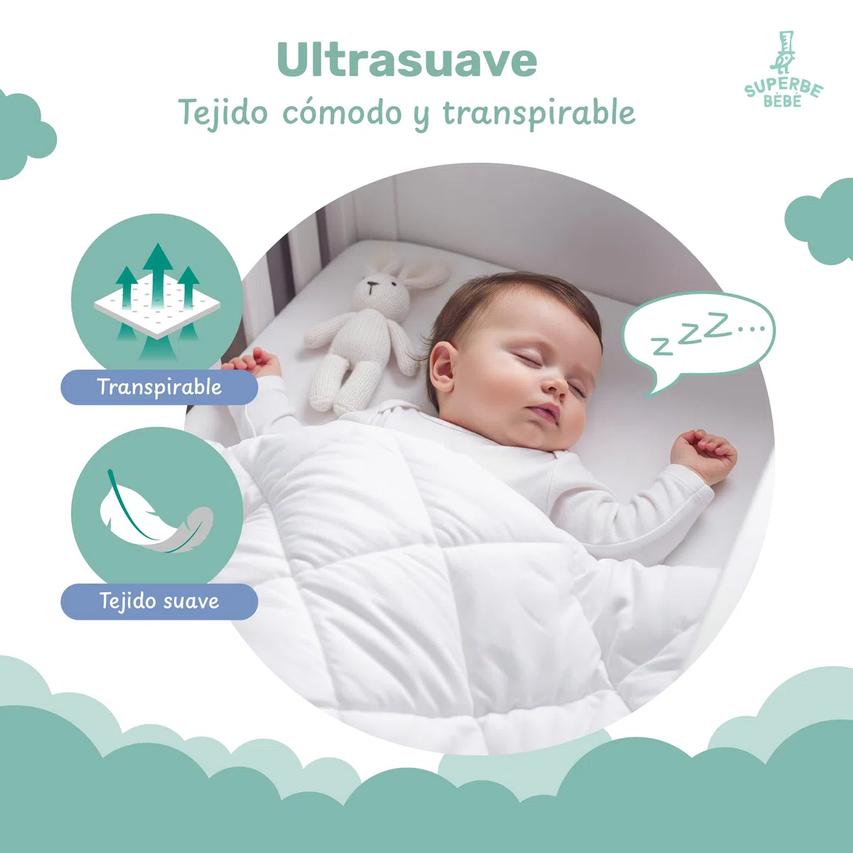 SUPERBE BEBE Edredón para Bebés y Niños 75x120cm - Confort Acogedor y Lavable - Ideal para Cama de Tamaño 60x120cm - Manta Cálida y Cómoda, Versátil para la Siesta - Mantita para Niñas y Niños