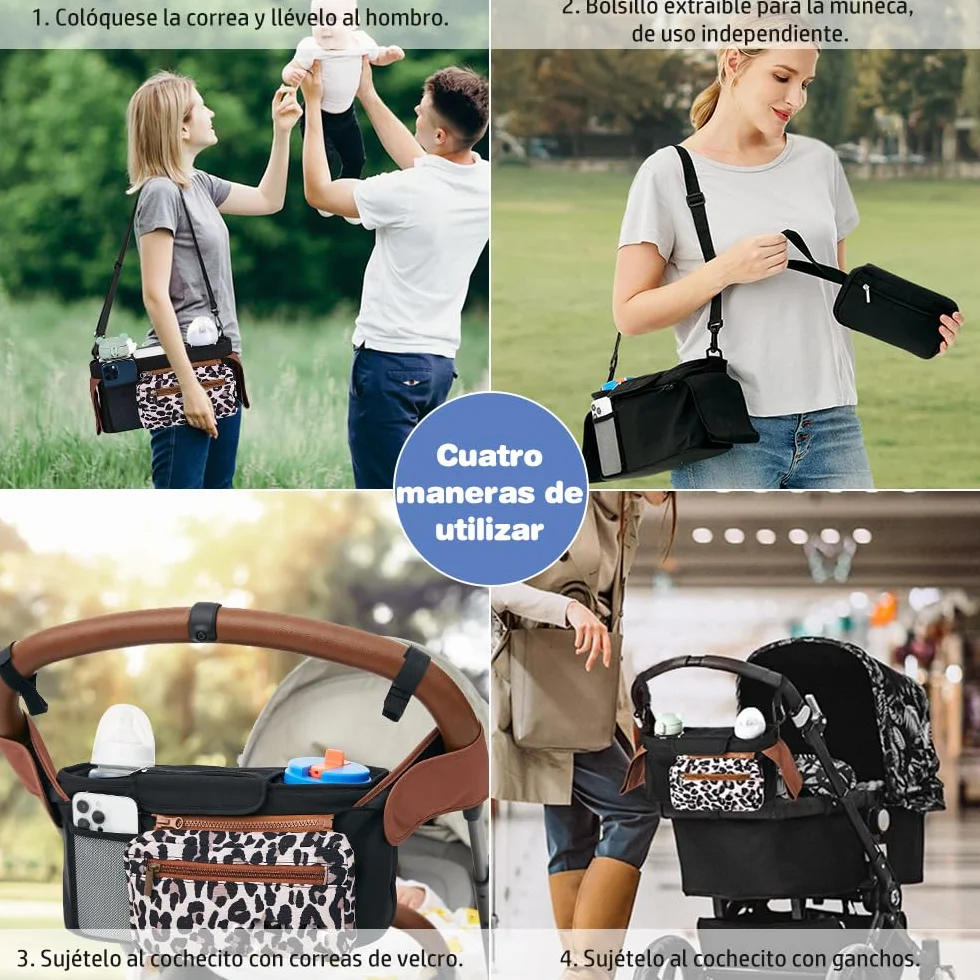 Bolsa Organizadora Para Cochecito, Bolso Organizador Carrito Beb con Portavasos Aislado y Correa para el Ajustables Hombro, para Pañales y Juguetes, Cochecito de Bebé con 2 Ganchos (Leopardo)