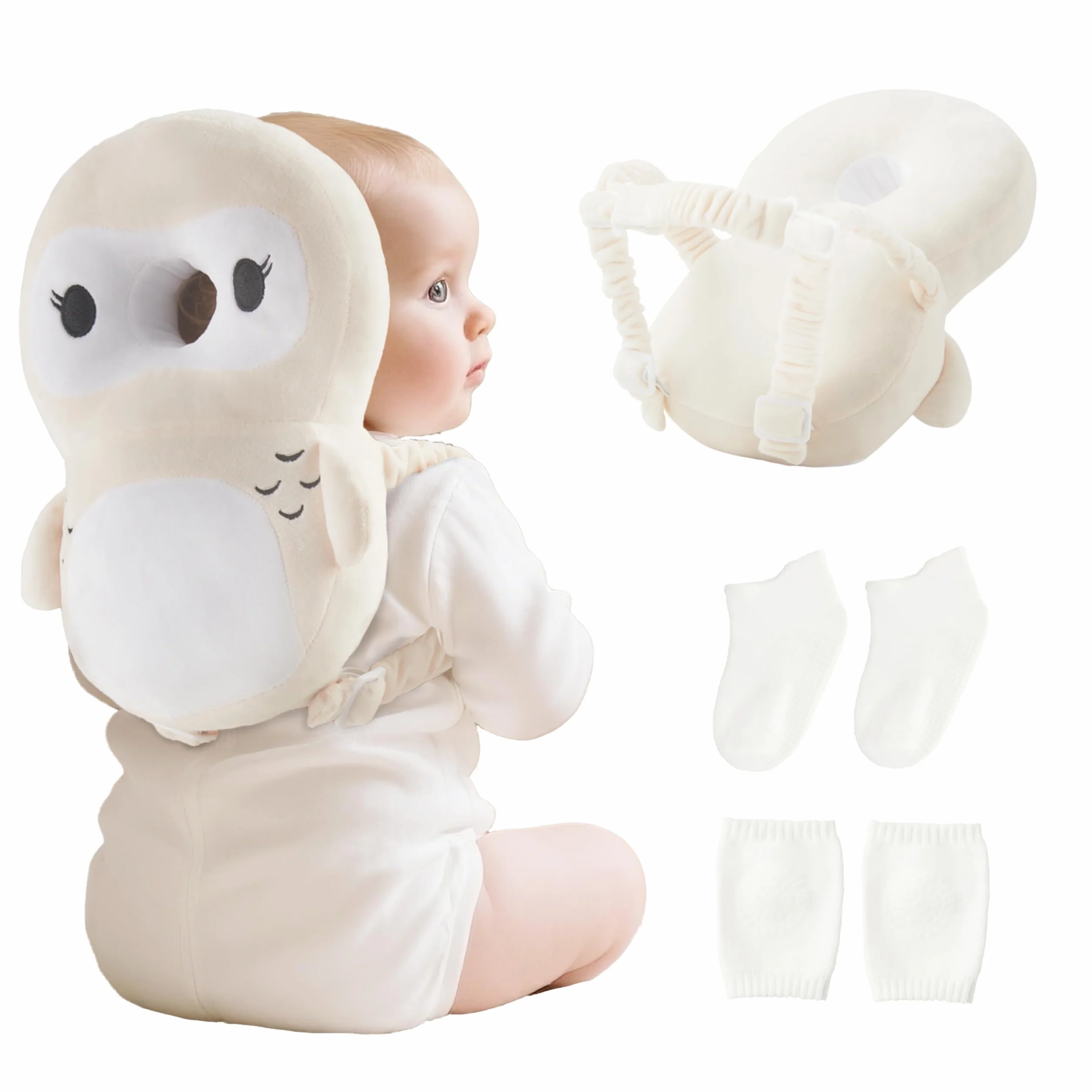 Fortella Mochila de Protección para Bebé, Protector de Cabeza Anticaida Ajustable, Cojin de Seguridad para Caminar, Cascos Bebe, con Rodilleras y Calcetines, Ideal para Gateo Soporte, 5–24M,Búho Beige