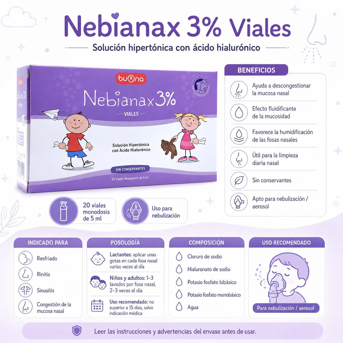 Buona Nebianax 3% Solución Salina Hipertónica con Ácido Hialurónico 20 Viales de 5ml - Descongestivo Nasal para Bebés y Niños - Alivio Rápido de Mocos y Congestión - Apto para Aerosolterapia - Nebial