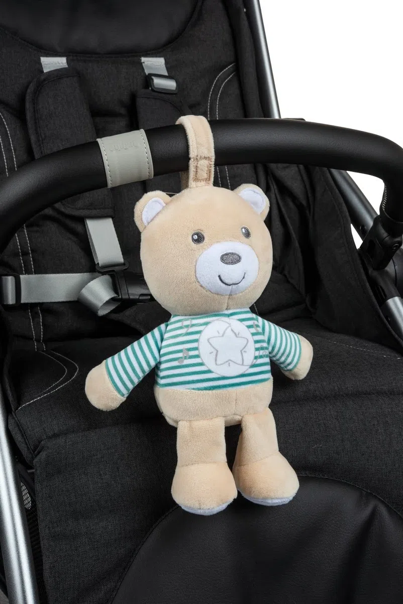 Chicco Osito Stardust, Osito de Peluche, Juguete para Sillita o Cuna, Tejido Suave, con Luz Suave y Música Clásica, Práctica Correa, Lavable a Máquina, Juguete Suave para Recién Nacido 0 Meses