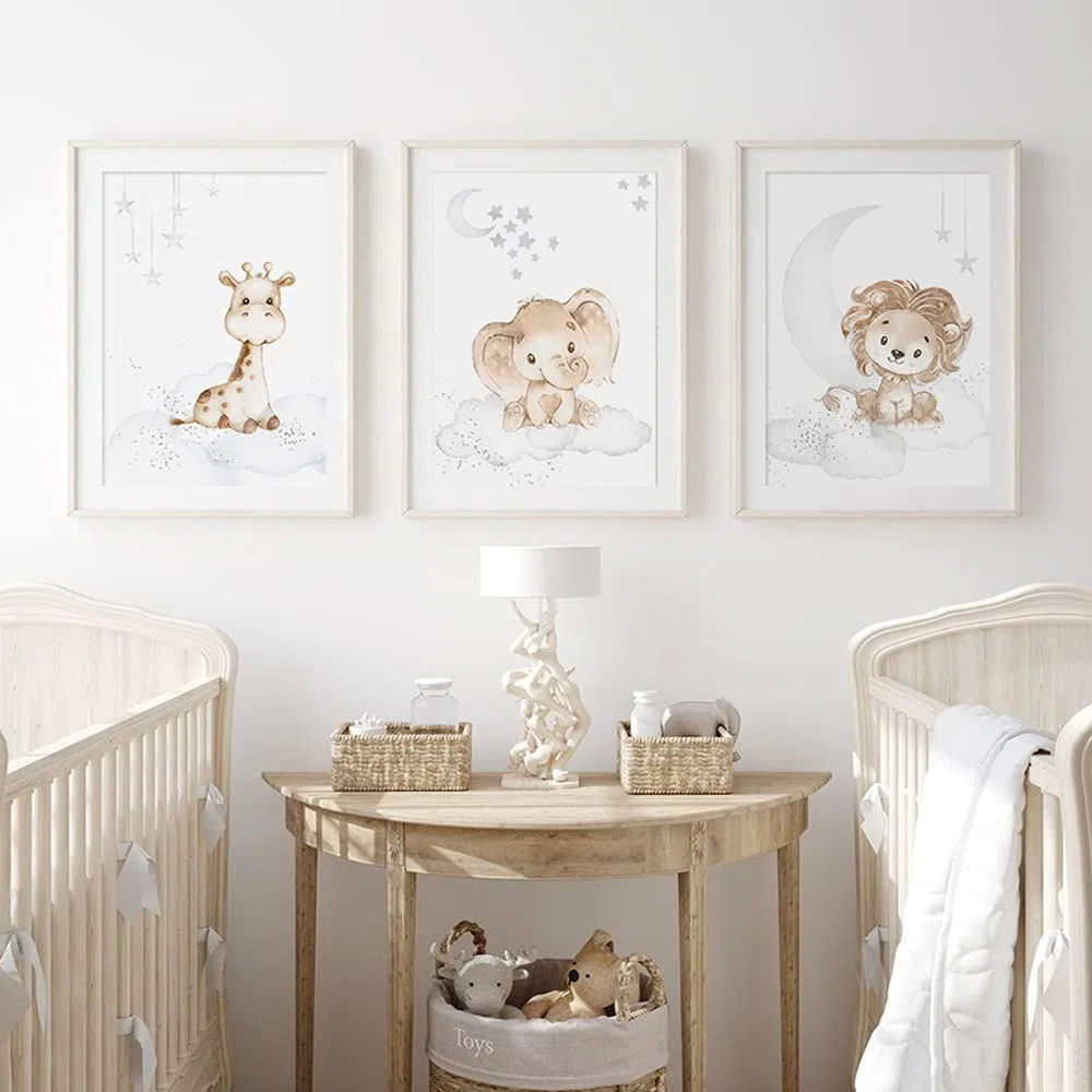 3 Laminas para Cuadros Infantiles Poster Animales Diseño de León Jirafa Elefante Nubes Estrellas Luna Pared Decoración Dormitorio Habitacion Bebé Niño Niña Regalo 30 x 40 cm sin Marco