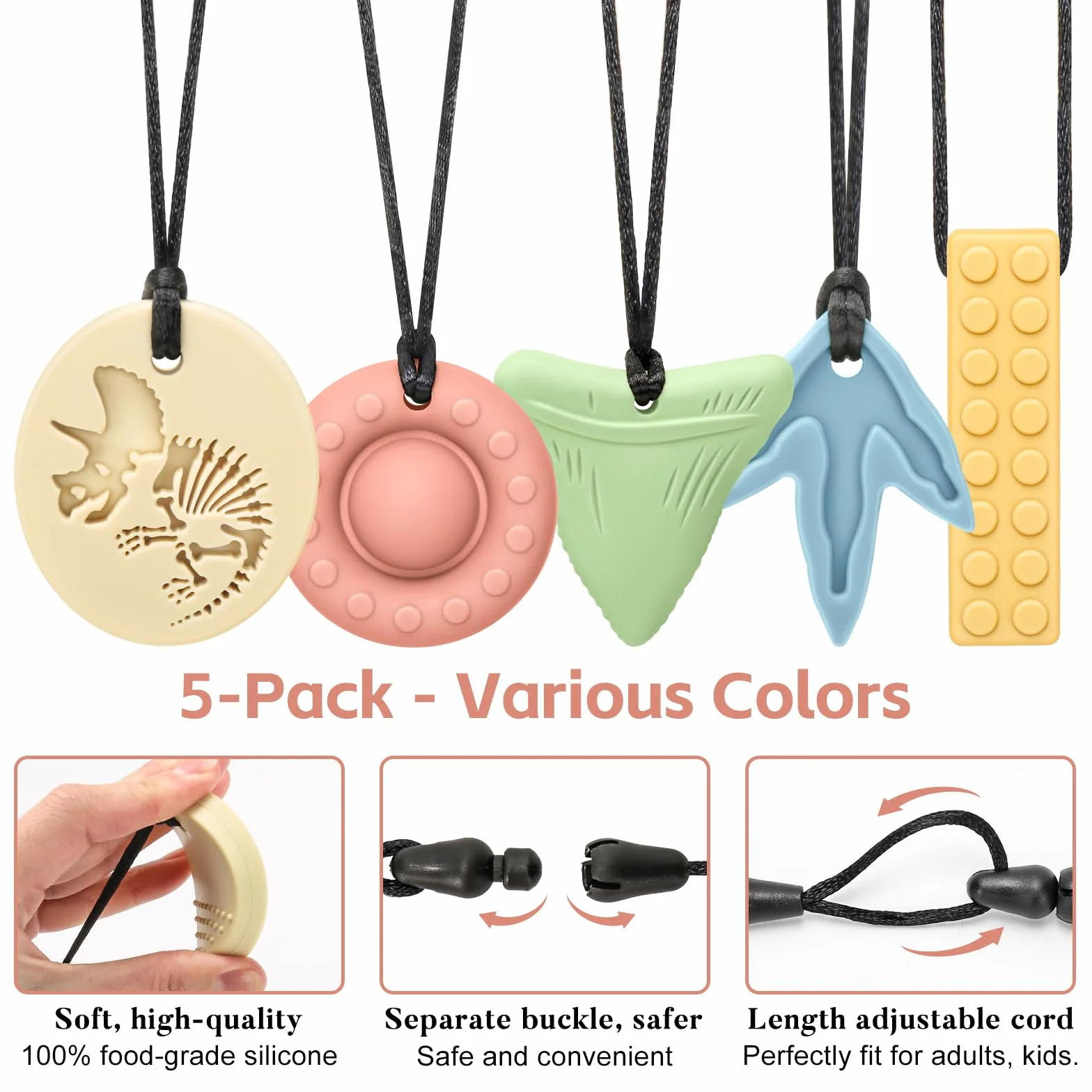 CLDY 5 Piezas mordedores niños autistas, El colgante de silicona para masticar no contiene BPA., Los collares mordedores son adecuados para niños con TDAH, dentición, autismo y necesidades oclusales