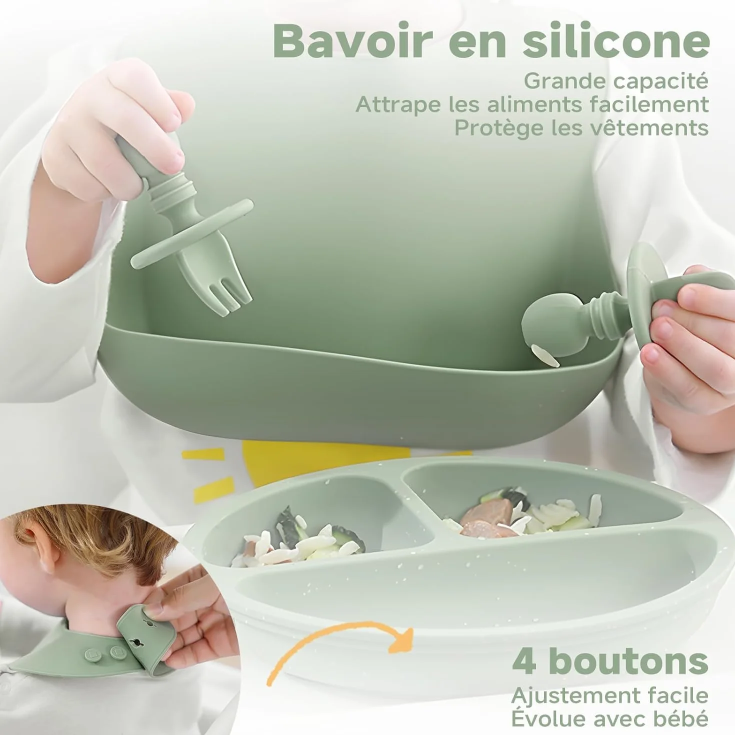 Cubiertos Bebe, 8 Piezas, Vajilla bebe Silicona, Platos Bebe con Ventosa, Vajilla Infantil, Baby Led Weaning, Cuchara Bebe, Babero Silicona Bebe, Vaso Bebe, Cubiertos Infantiles, Verde