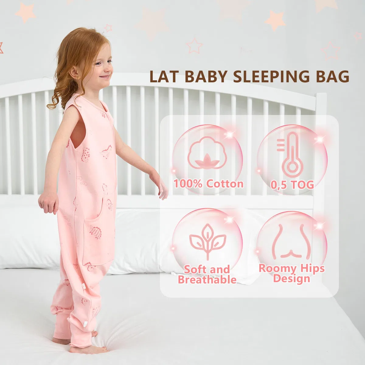 LAT Saco de Dormir para Bebé con Pies, 0,5 TOG 100% Algodón Saco de Dormir Verano con Bolsillos para Bebé, Pijiama Manta con Pies para Bebé
