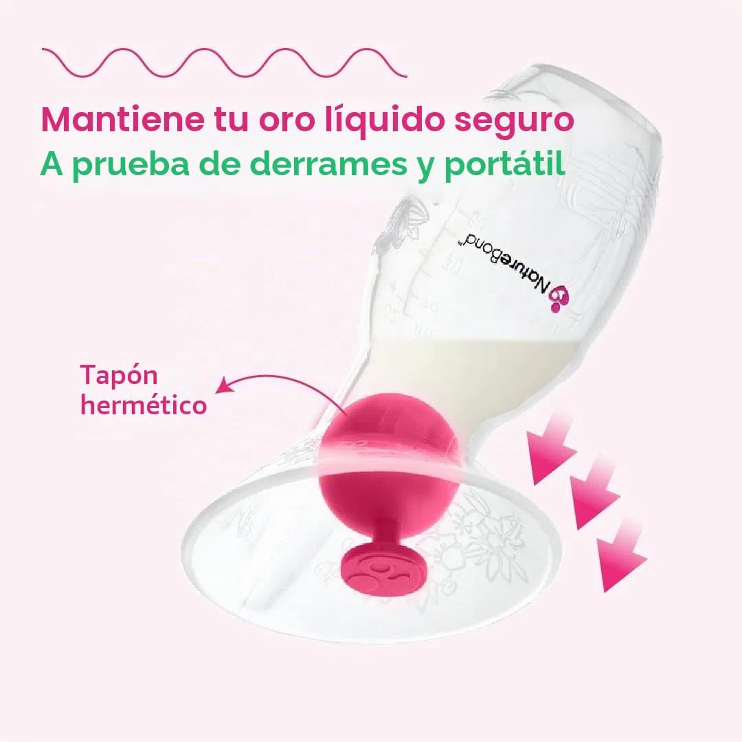 Colector de leche materna/Sacaleches de NatureBond. Extractor de leche silicona, con tapa todo en uno, bolsa de transporte, sellado al vacío, de Sin BPA. 100% silicona de grado alimenticio