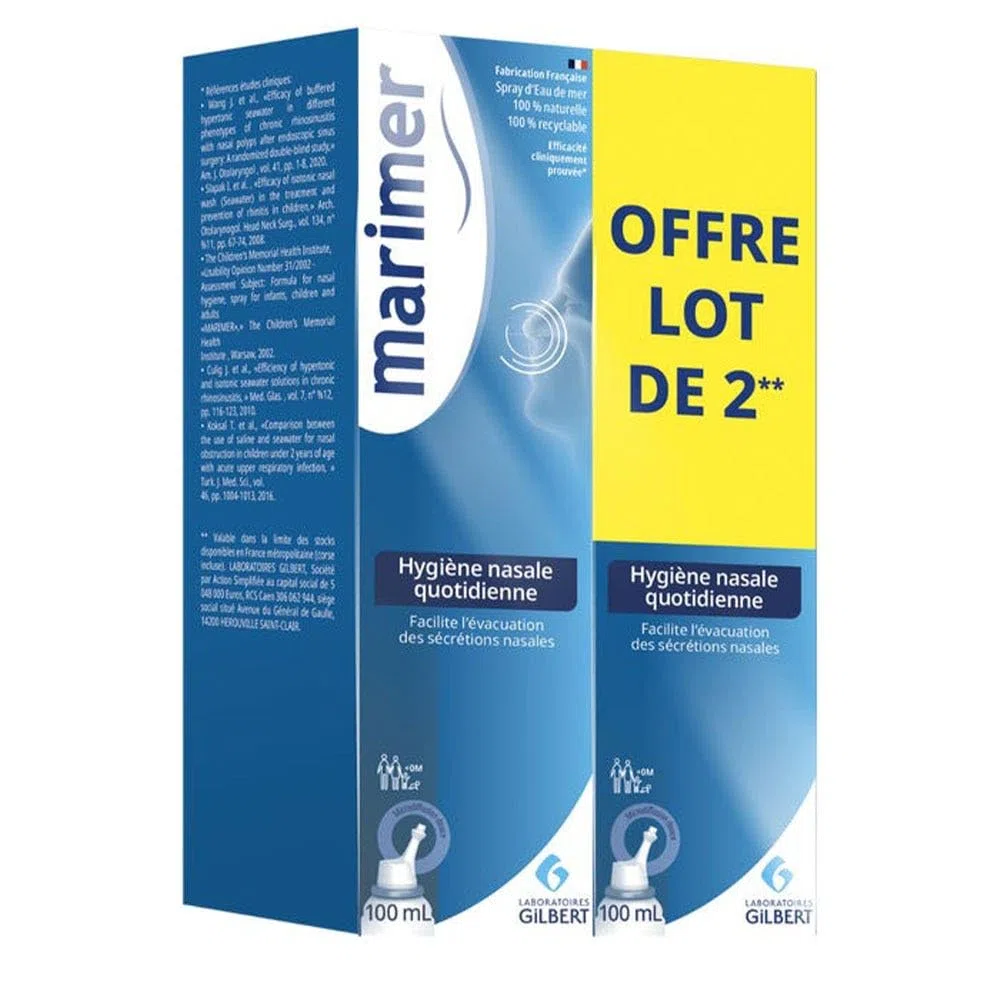 MARIMER - Lote de 2 aerosoles nasales 100 ml agua de mar natural para higiene de la nariz diaria para toda la familia desde el nacimiento fabricado en Francia