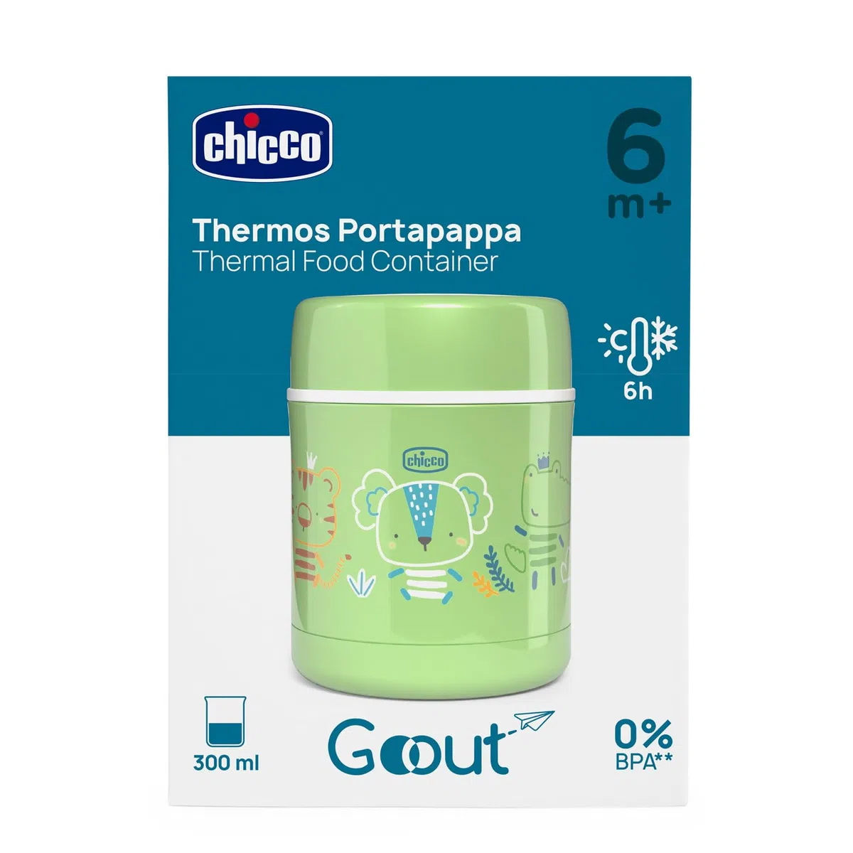 Chicco Contenedor Térmico para Alimentos, Porta Comida Térmico, Mantiene la Temperatura hasta 6 horas, Para alimentos calientes y fríos, Contenedor de Comida para Niños, Acero Inoxidable, 300 ml, 6M+