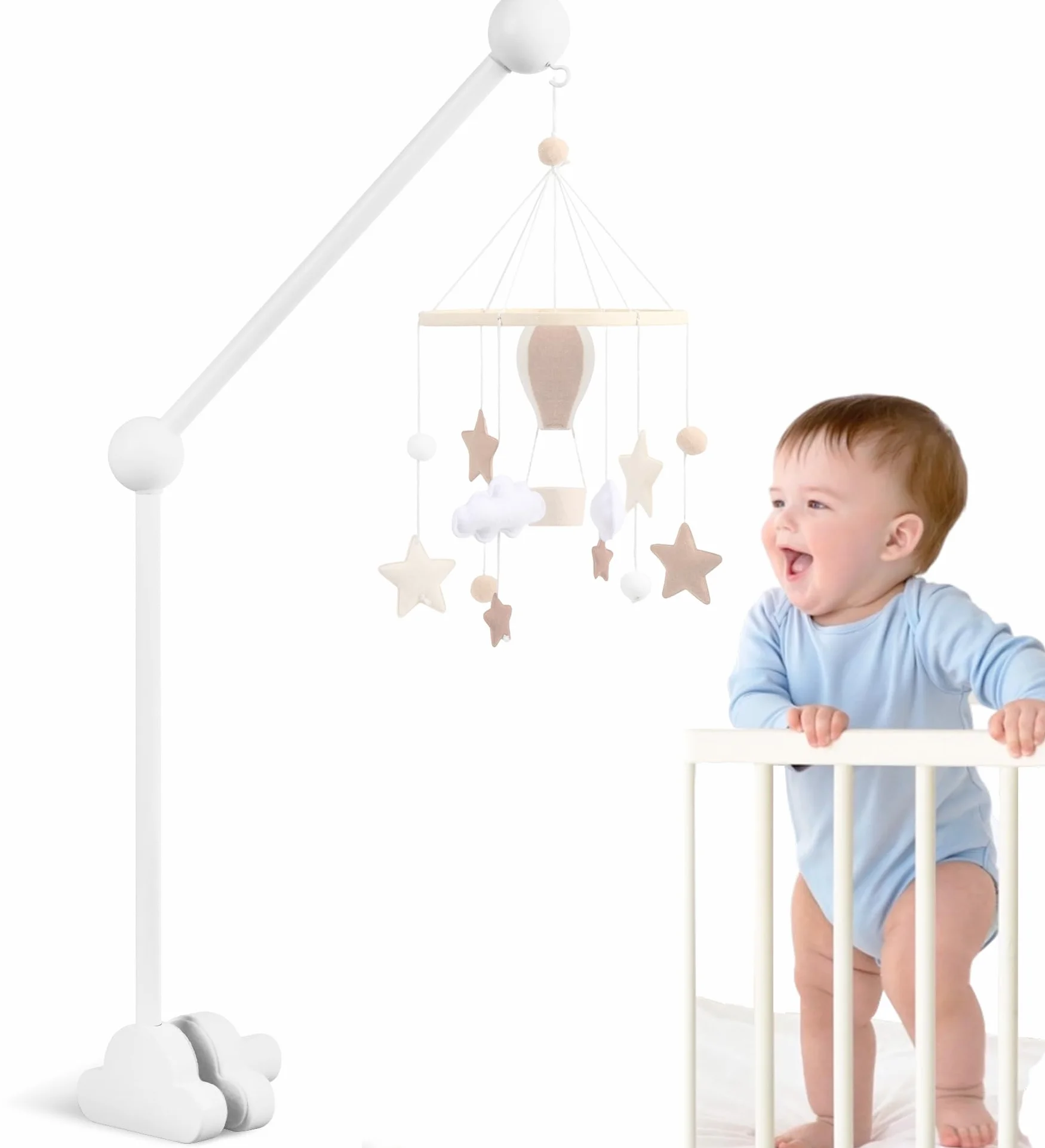 Soporte Móvil para Bebé, Soporte de Móvil Extraíble, Soporte de Madera para Cuna con Forma de Nube, Brazo Móvil de Cuna para Juguetes, Campanas de Viento y Decoración de Habitación, Blanco