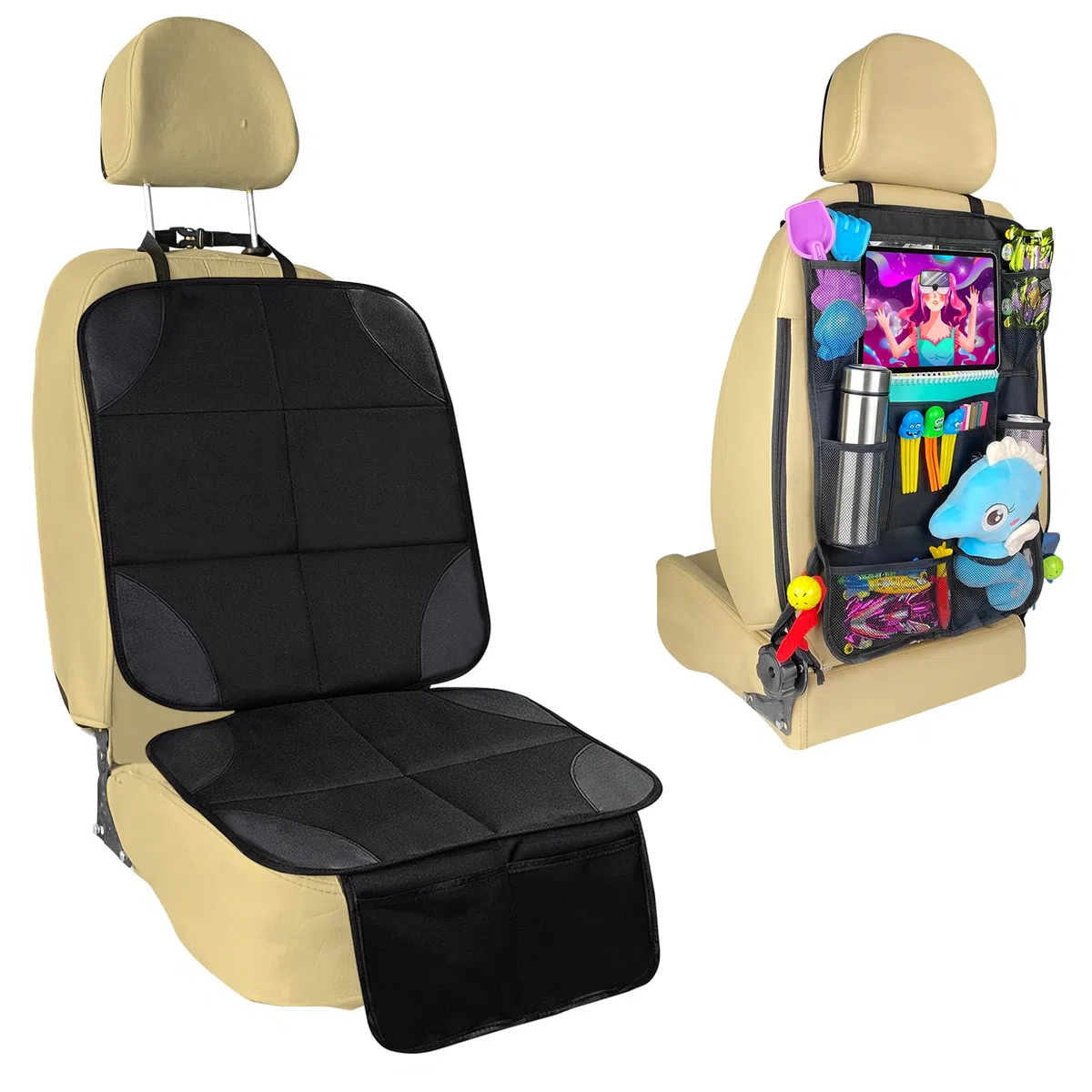 Protector Asiento Coche Silla Bebe, Antideslizante Impermeable Funda Coche Asiento Compatible Isofix con Organizador Bolsillos, Universal Protector Seguro Respaldo para Asiento Infantil